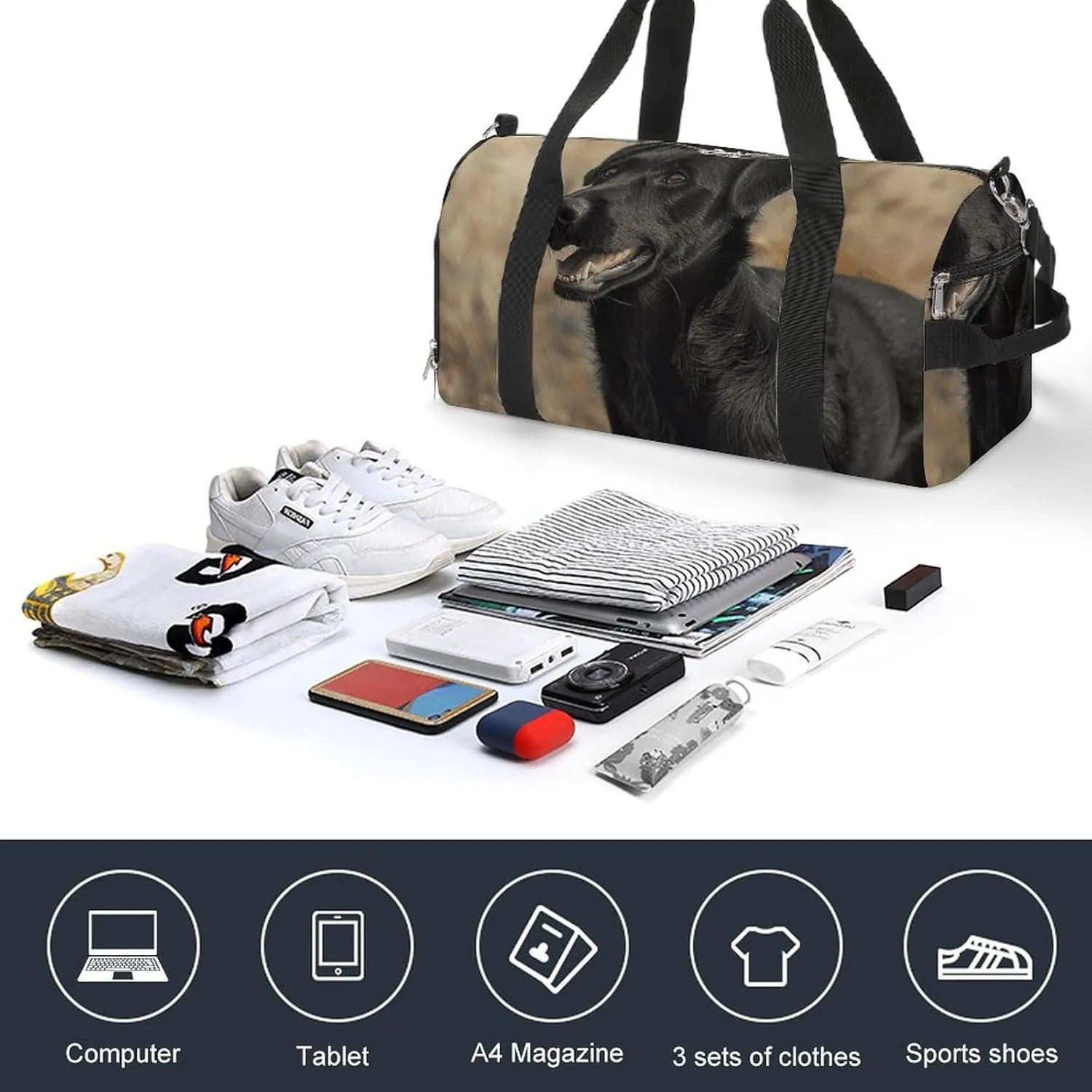 Gym Bag Black Dog in The Field Duffel Bag for Men Women Overnight Bag with Shoe Compartment Workout Bags