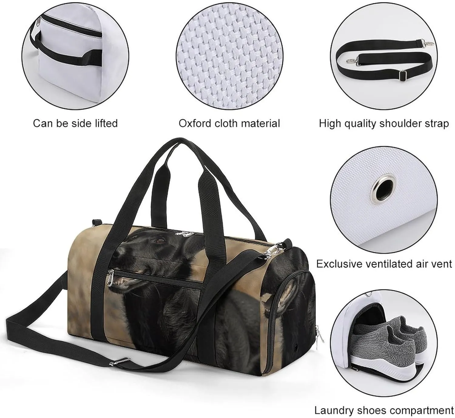 Gym Bag Black Dog in The Field Duffel Bag for Men Women Overnight Bag with Shoe Compartment Workout Bags