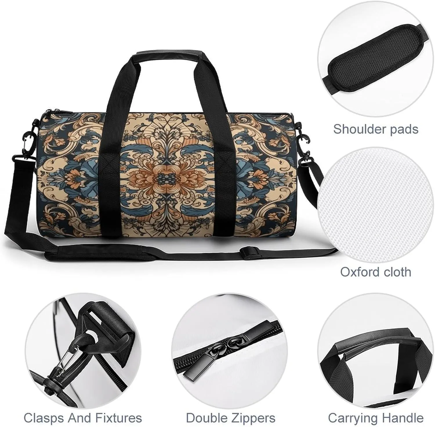 Gym Bag Blue Embroidery Art Duffel Bag for Men Women Overnight Bag with Shoe Compartment Workout Bags
