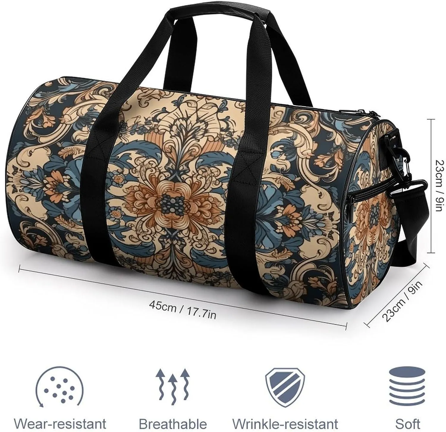 Gym Bag Blue Embroidery Art Duffel Bag for Men Women Overnight Bag with Shoe Compartment Workout Bags