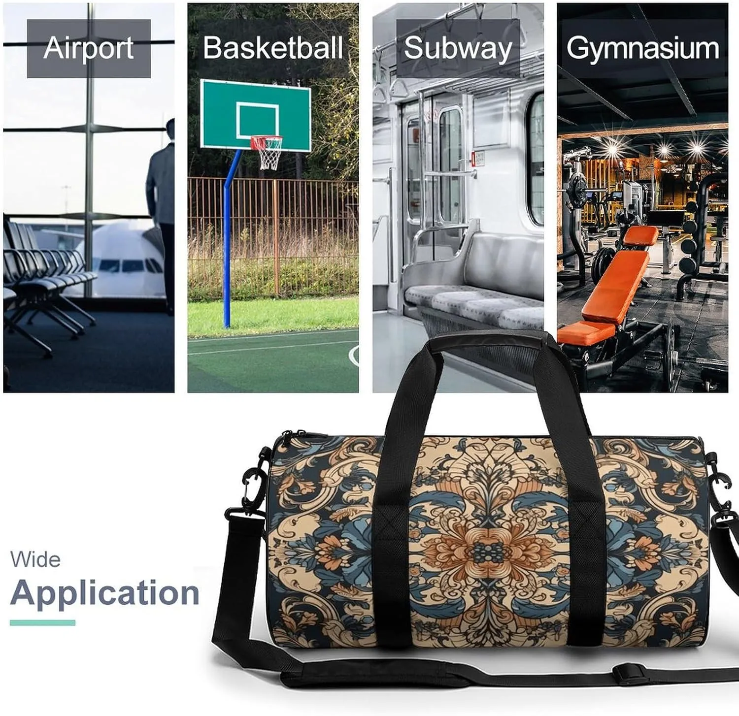 Gym Bag Blue Embroidery Art Duffel Bag for Men Women Overnight Bag with Shoe Compartment Workout Bags