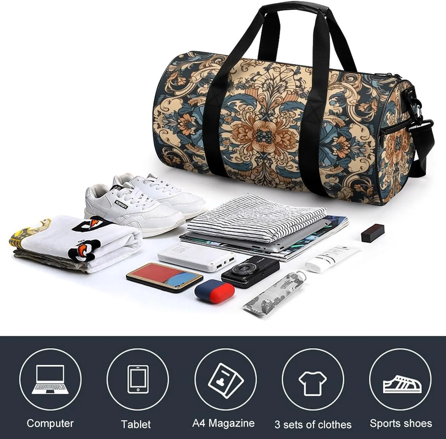 Gym Bag Blue Embroidery Art Duffel Bag for Men Women Overnight Bag with Shoe Compartment Workout Bags
