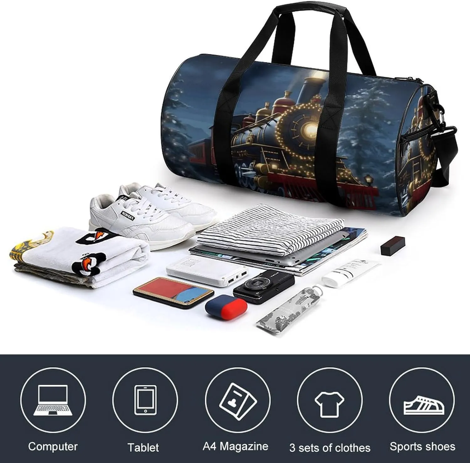 Gym Bag Christmas Train Duffel Bag for Men Women Overnight Bag with Shoe Compartment Workout Bags