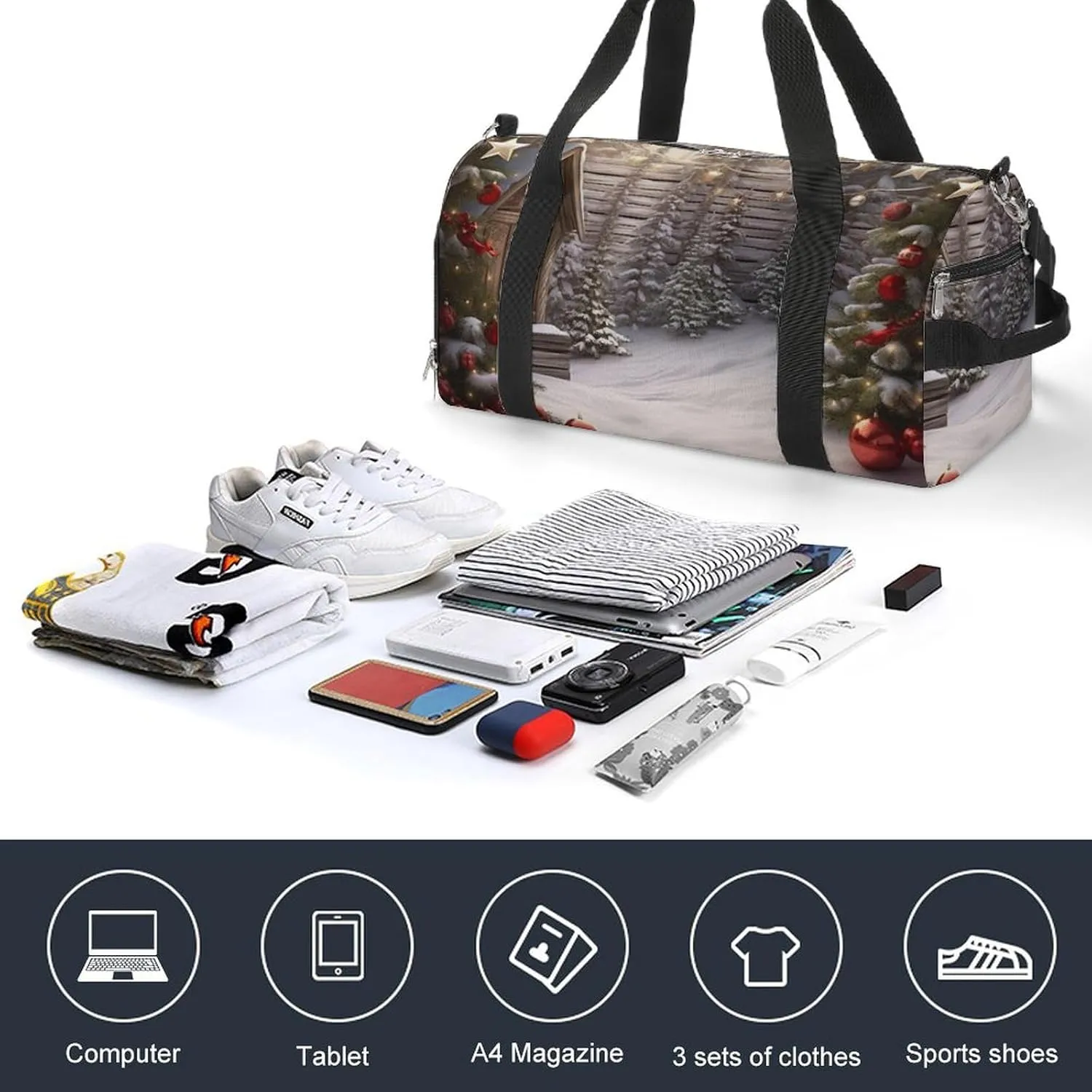 Gym Bag Christmas Wood Duffel Bag for Men Women Overnight Bag with Shoe Compartment Workout Bags