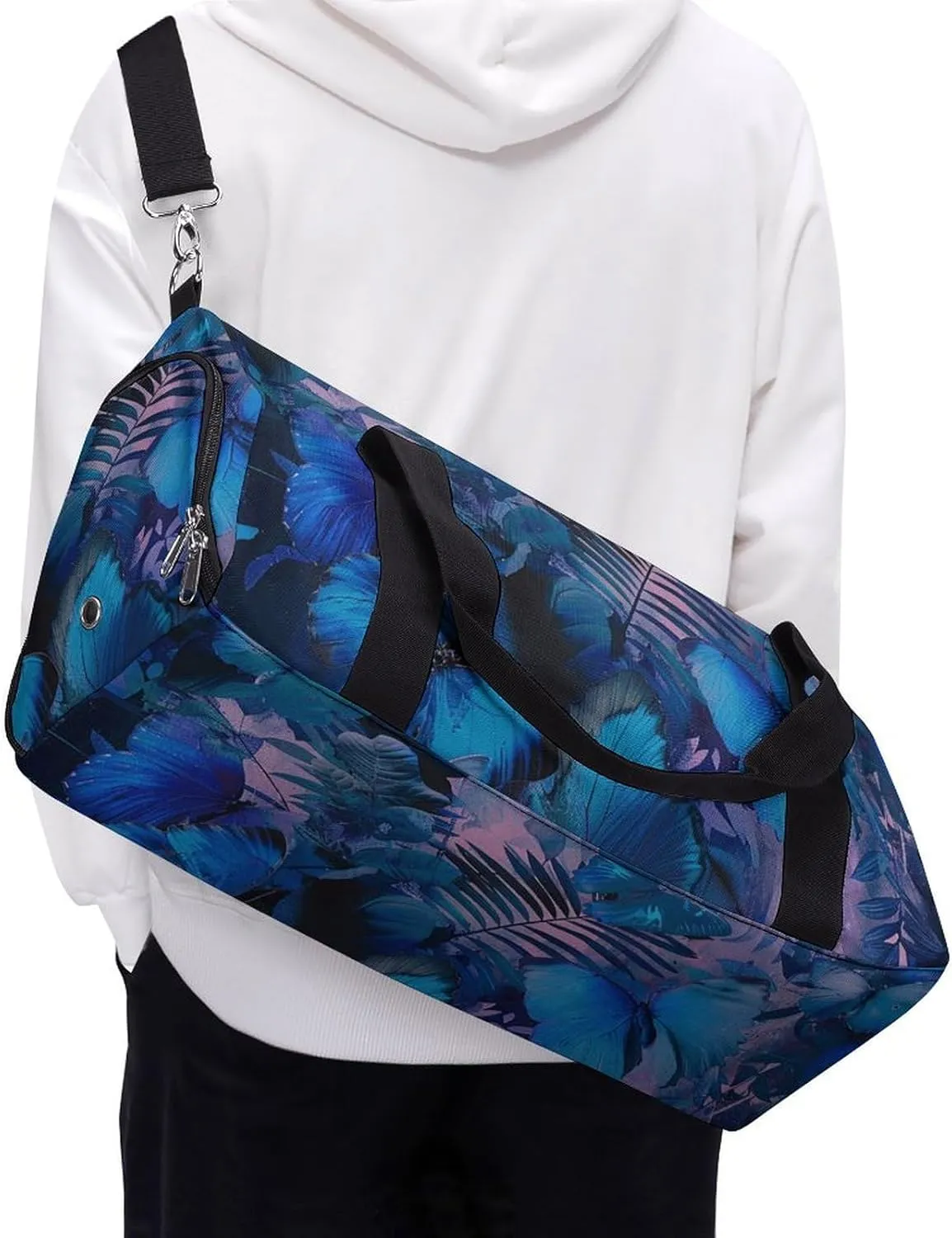 Gym Bag Dark Blue Butterfly Duffel Bag for Men Women Overnight Bag with Shoe Compartment Workout Bags
