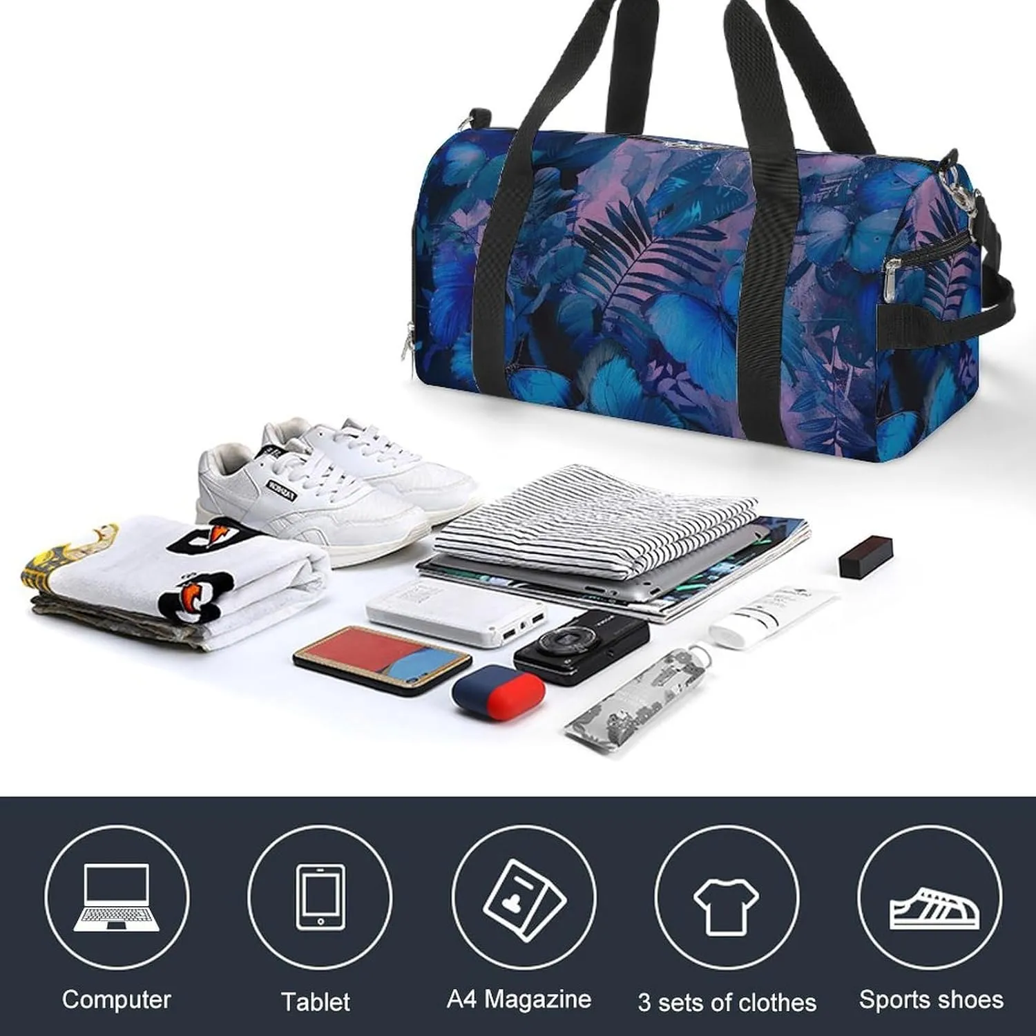 Gym Bag Dark Blue Butterfly Duffel Bag for Men Women Overnight Bag with Shoe Compartment Workout Bags