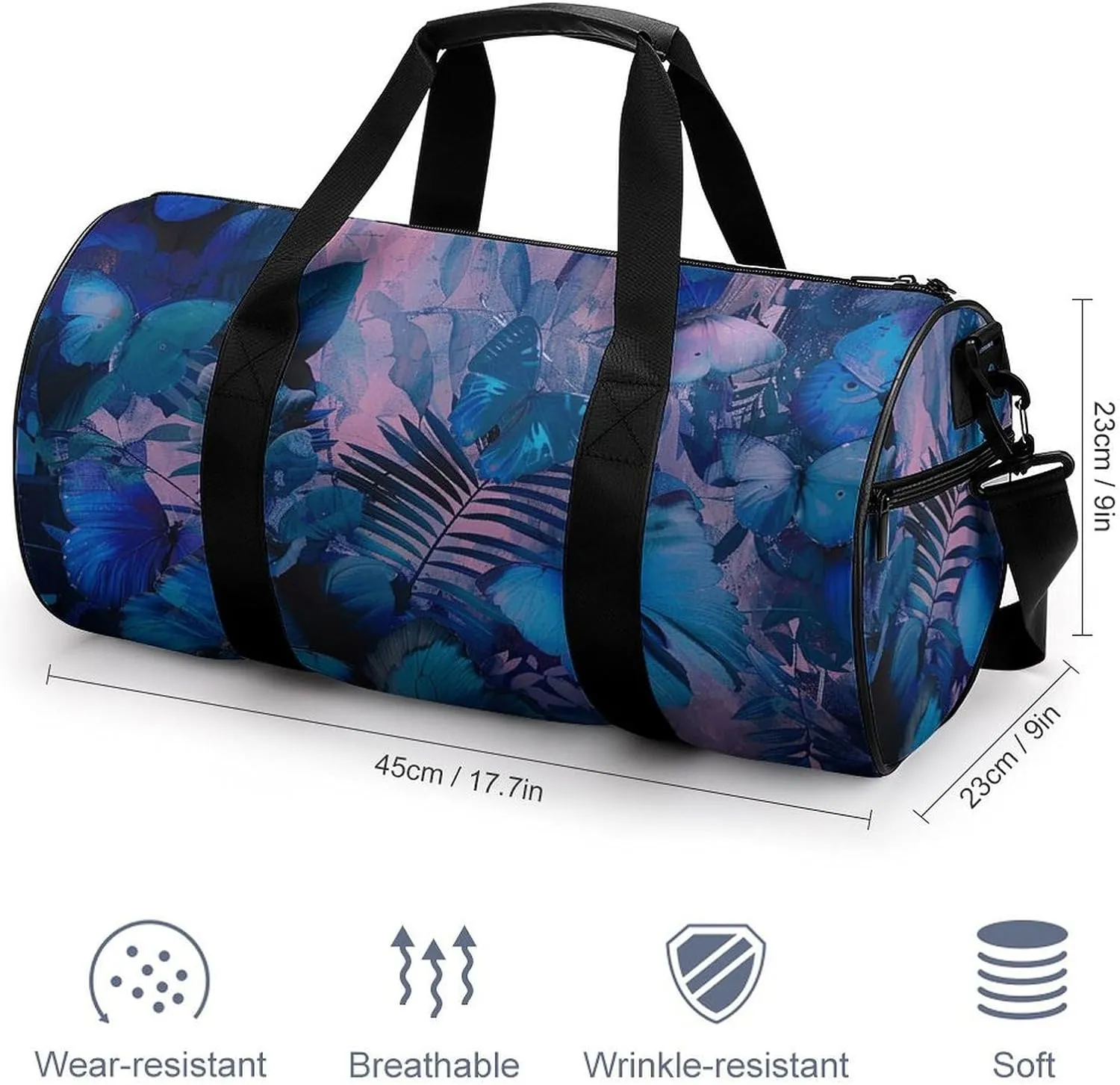 Gym Bag Dark Blue Butterfly Duffel Bag for Men Women Overnight Bag with Shoe Compartment Workout Bags