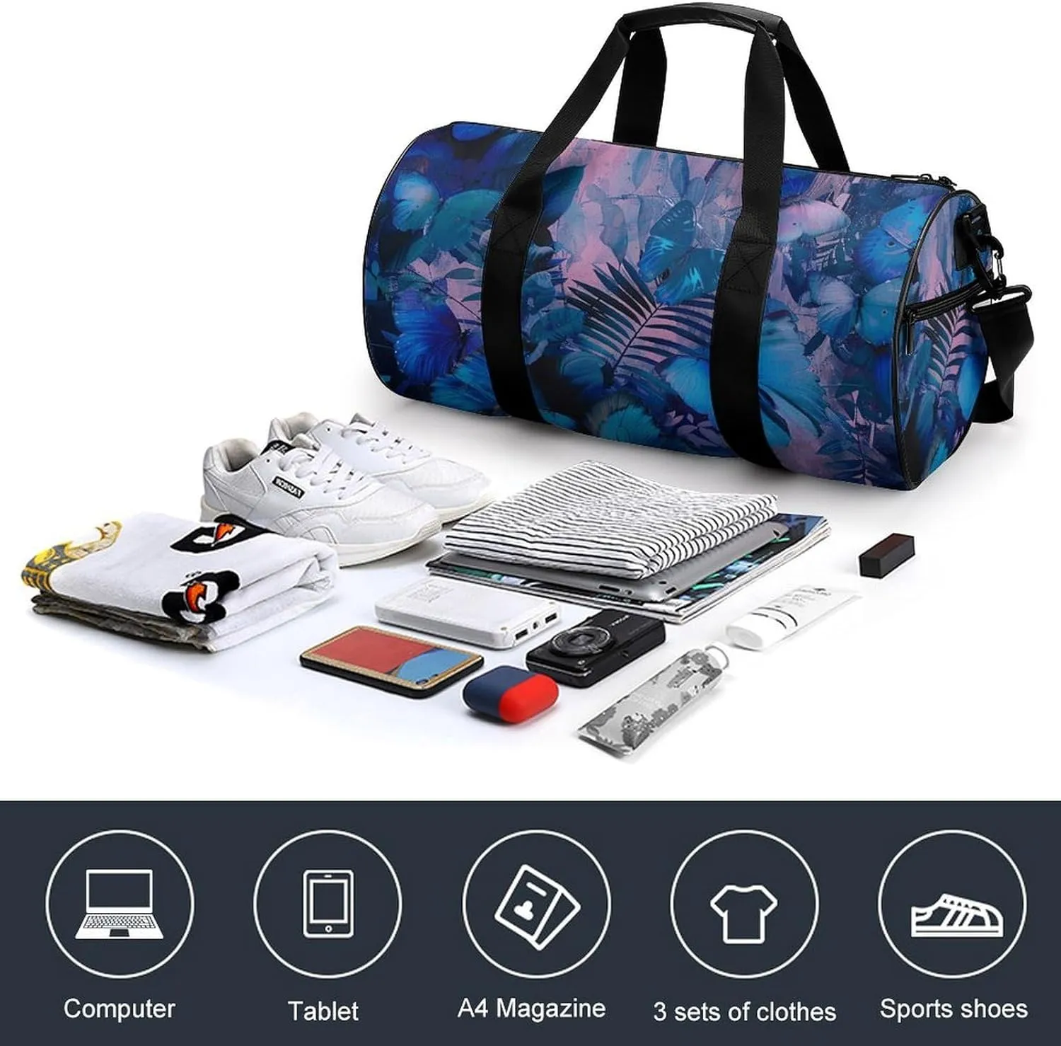 Gym Bag Dark Blue Butterfly Duffel Bag for Men Women Overnight Bag with Shoe Compartment Workout Bags