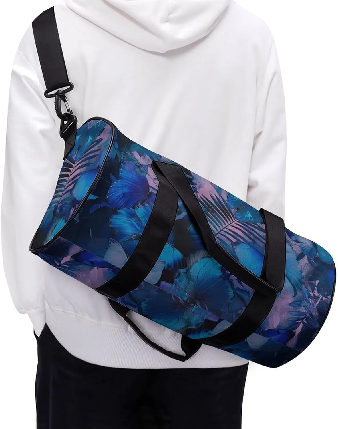 Gym Bag Dark Blue Butterfly Duffel Bag for Men Women Overnight Bag with Shoe Compartment Workout Bags
