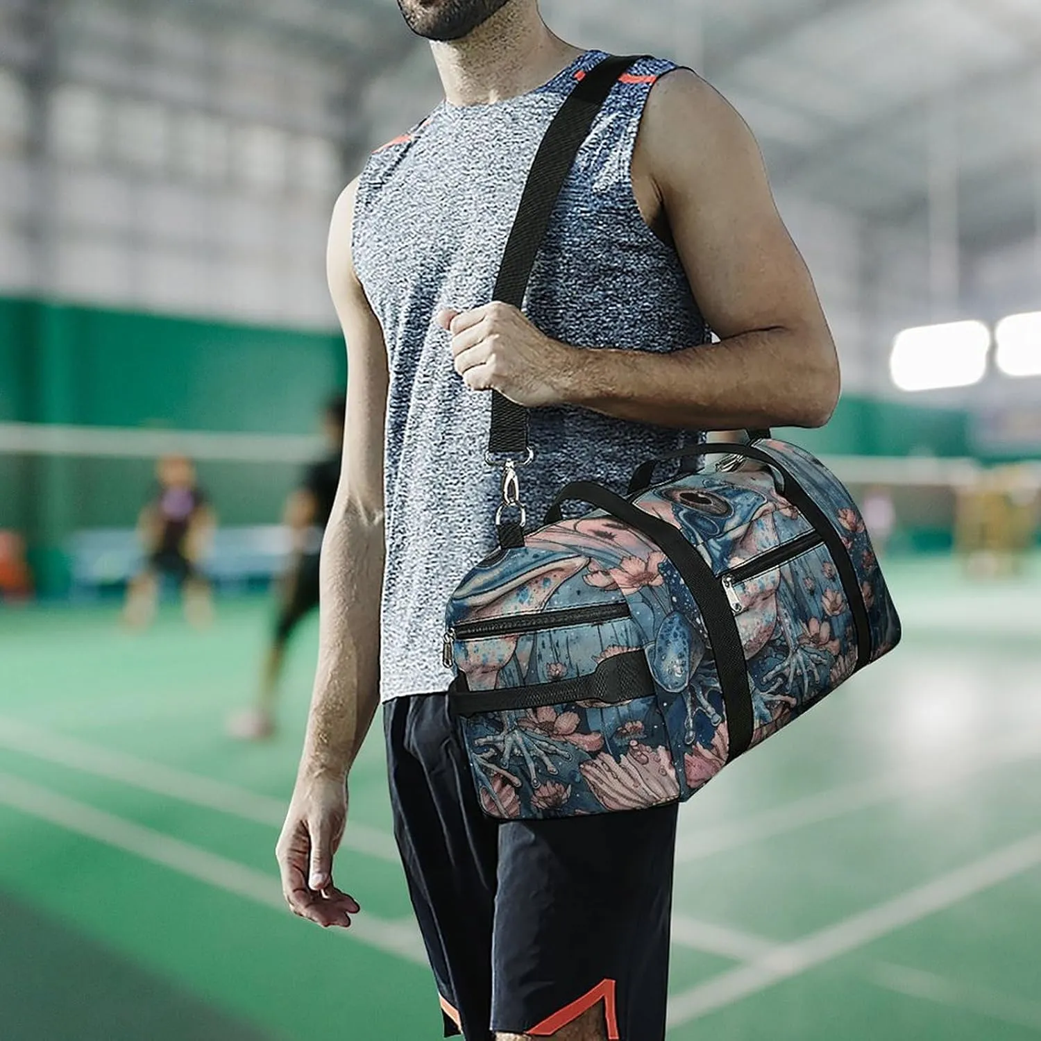 Gym Bag Dark Blue Landscape Pattern Duffel Bag for Men Women Overnight Bag with Shoe Compartment Workout Bags