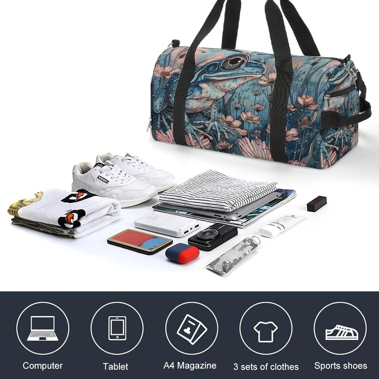 Gym Bag Dark Blue Landscape Pattern Duffel Bag for Men Women Overnight Bag with Shoe Compartment Workout Bags