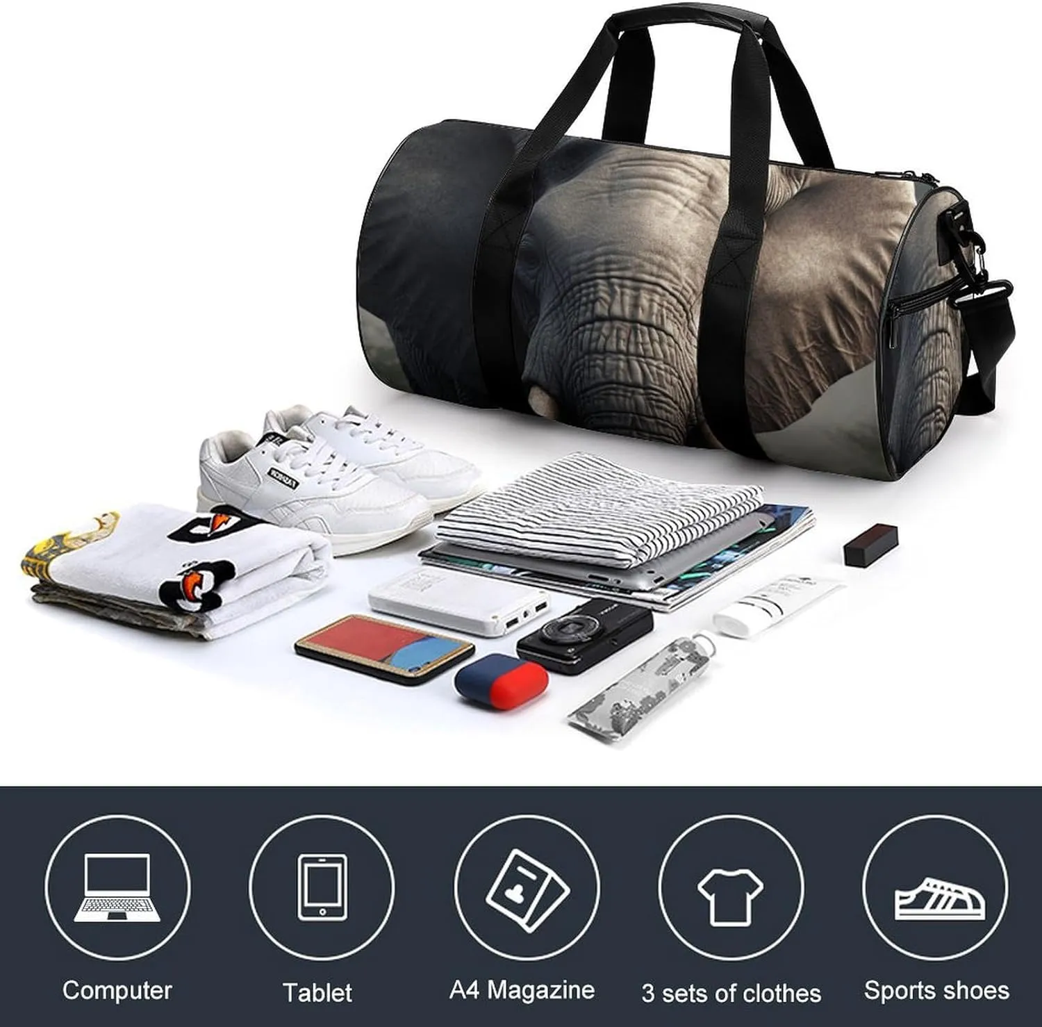 Gym Bag Elephant Image Duffel Bag for Men Women Overnight Bag with Shoe Compartment Workout Bags