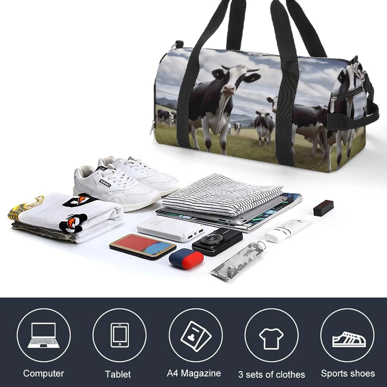 Gym Bag Farm Cow Pictures Duffel Bag for Men Women Overnight Bag with Shoe Compartment Workout Bags