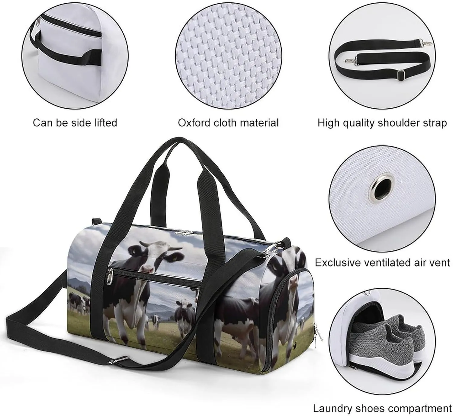 Gym Bag Farm Cow Pictures Duffel Bag for Men Women Overnight Bag with Shoe Compartment Workout Bags