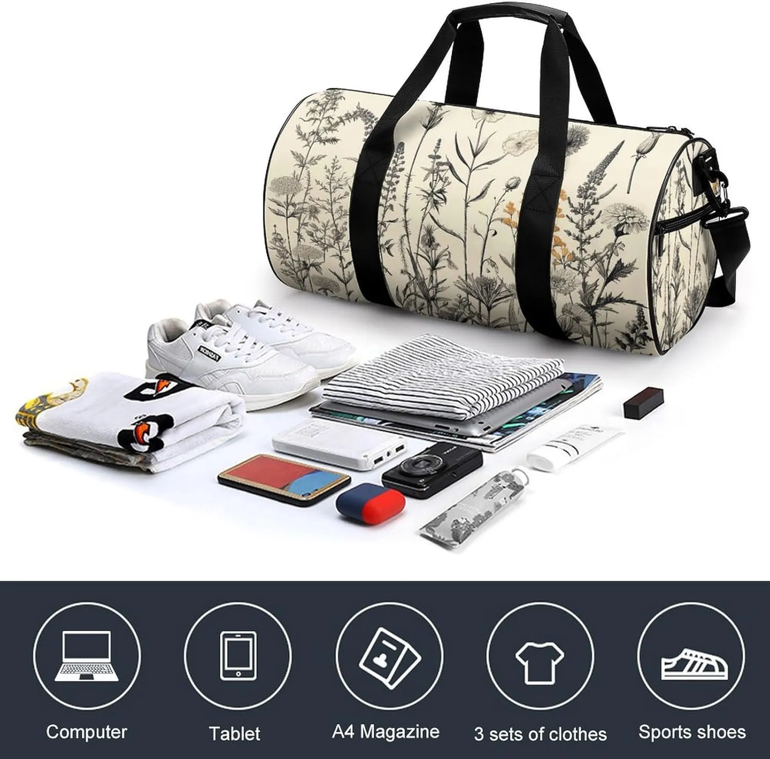 Gym Bag Floral Herbs Botanical Engraving Duffel Bag for Men Women Overnight Bag with Shoe Compartment Workout Bags