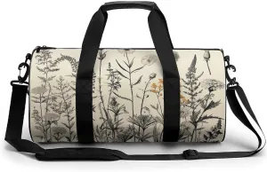 Gym Bag Floral Herbs Botanical Engraving Duffel Bag for Men Women Overnight Bag with Shoe Compartment Workout Bags