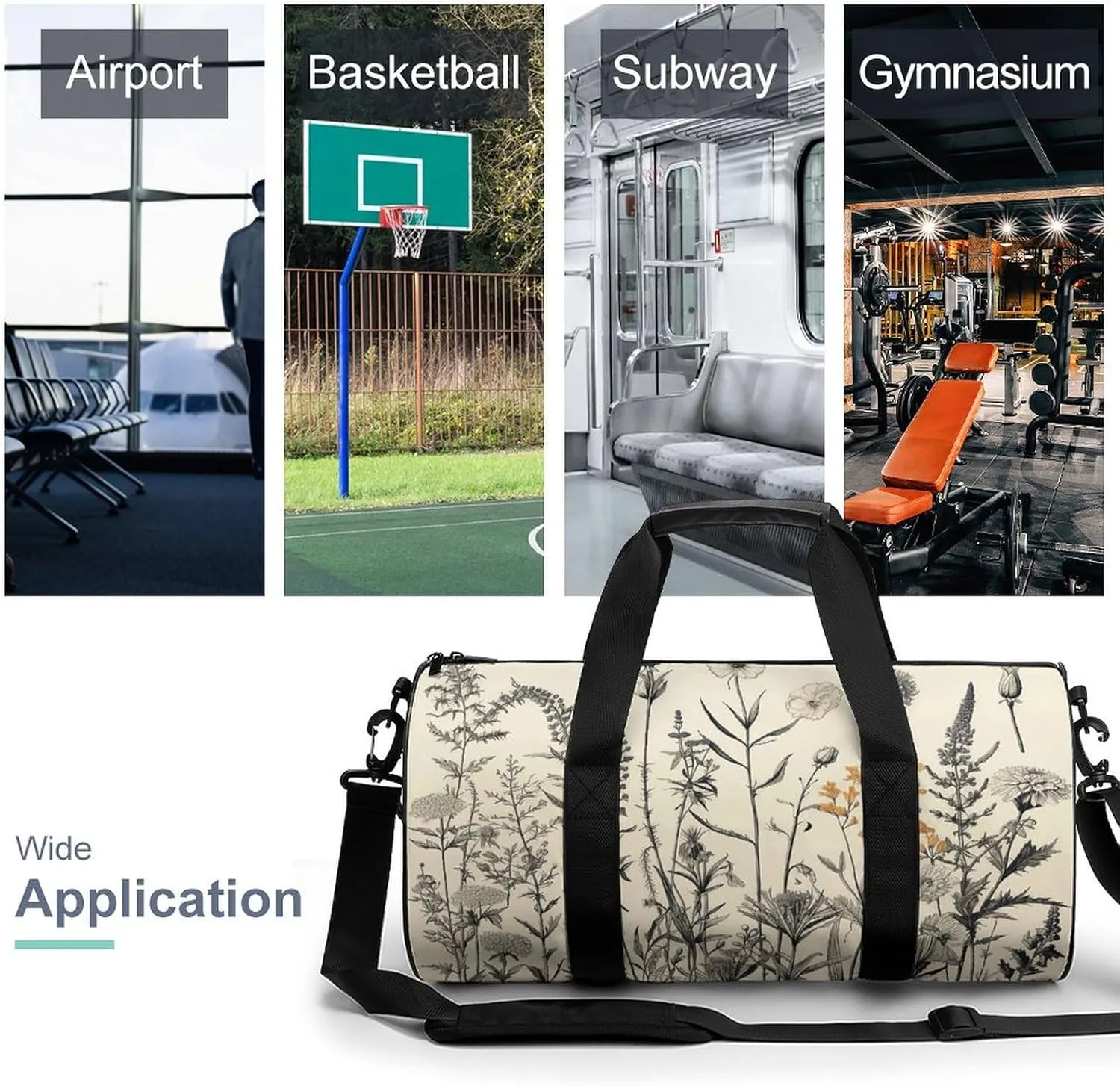 Gym Bag Floral Herbs Botanical Engraving Duffel Bag for Men Women Overnight Bag with Shoe Compartment Workout Bags