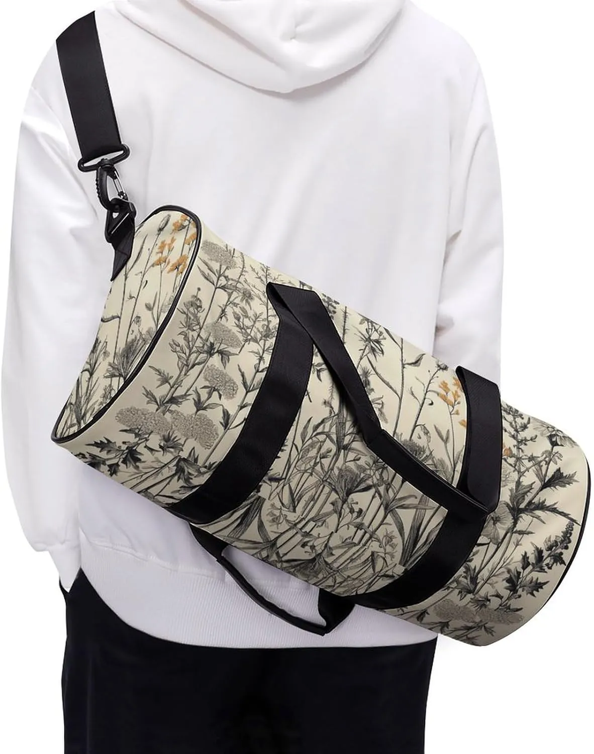 Gym Bag Floral Herbs Botanical Engraving Duffel Bag for Men Women Overnight Bag with Shoe Compartment Workout Bags