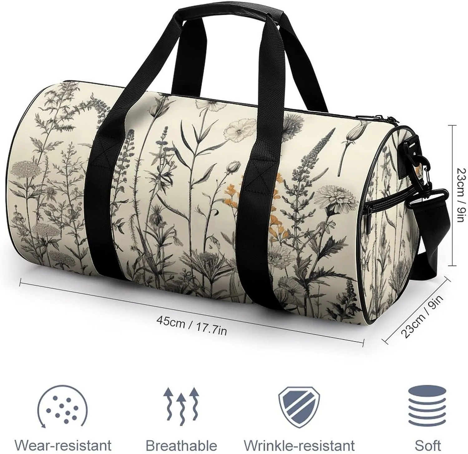 Gym Bag Floral Herbs Botanical Engraving Duffel Bag for Men Women Overnight Bag with Shoe Compartment Workout Bags