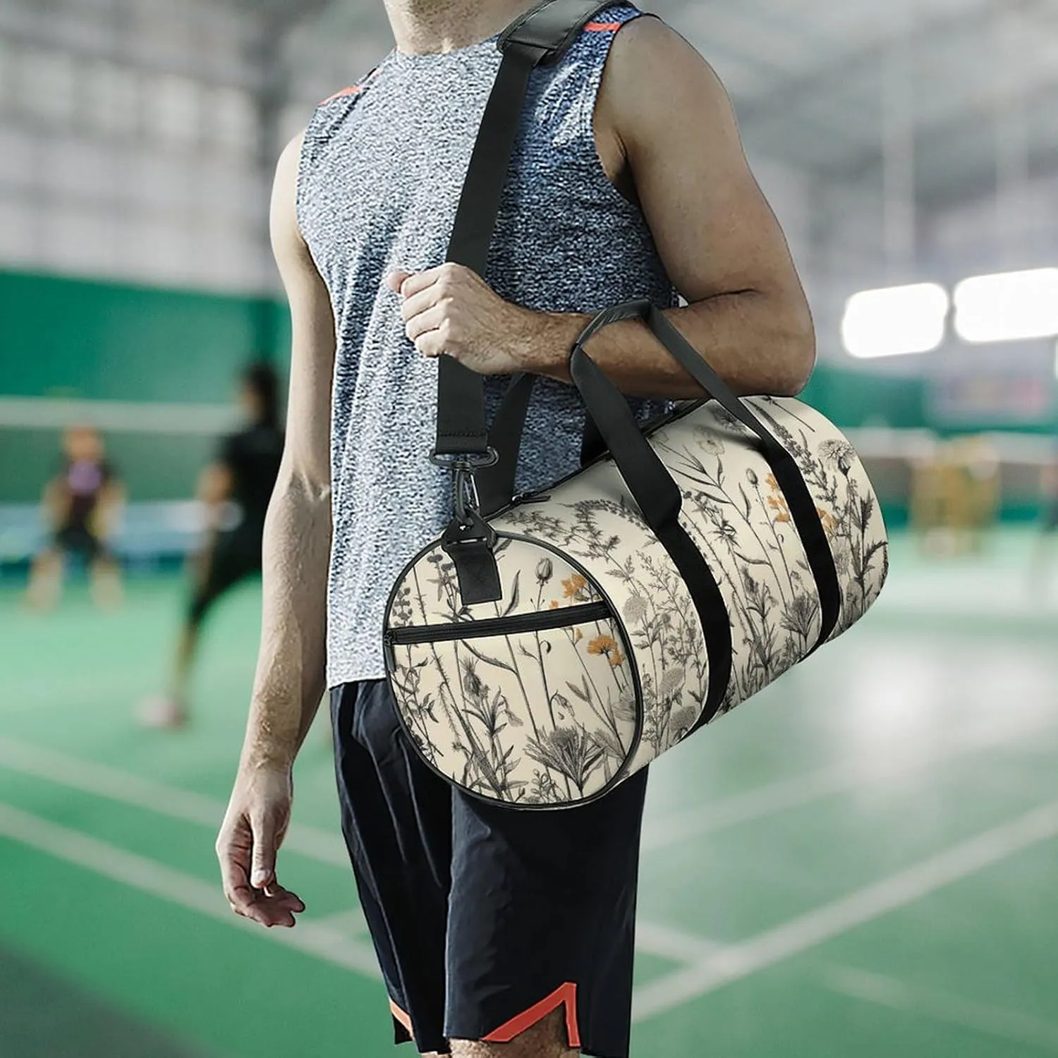 Gym Bag Floral Herbs Botanical Engraving Duffel Bag for Men Women Overnight Bag with Shoe Compartment Workout Bags