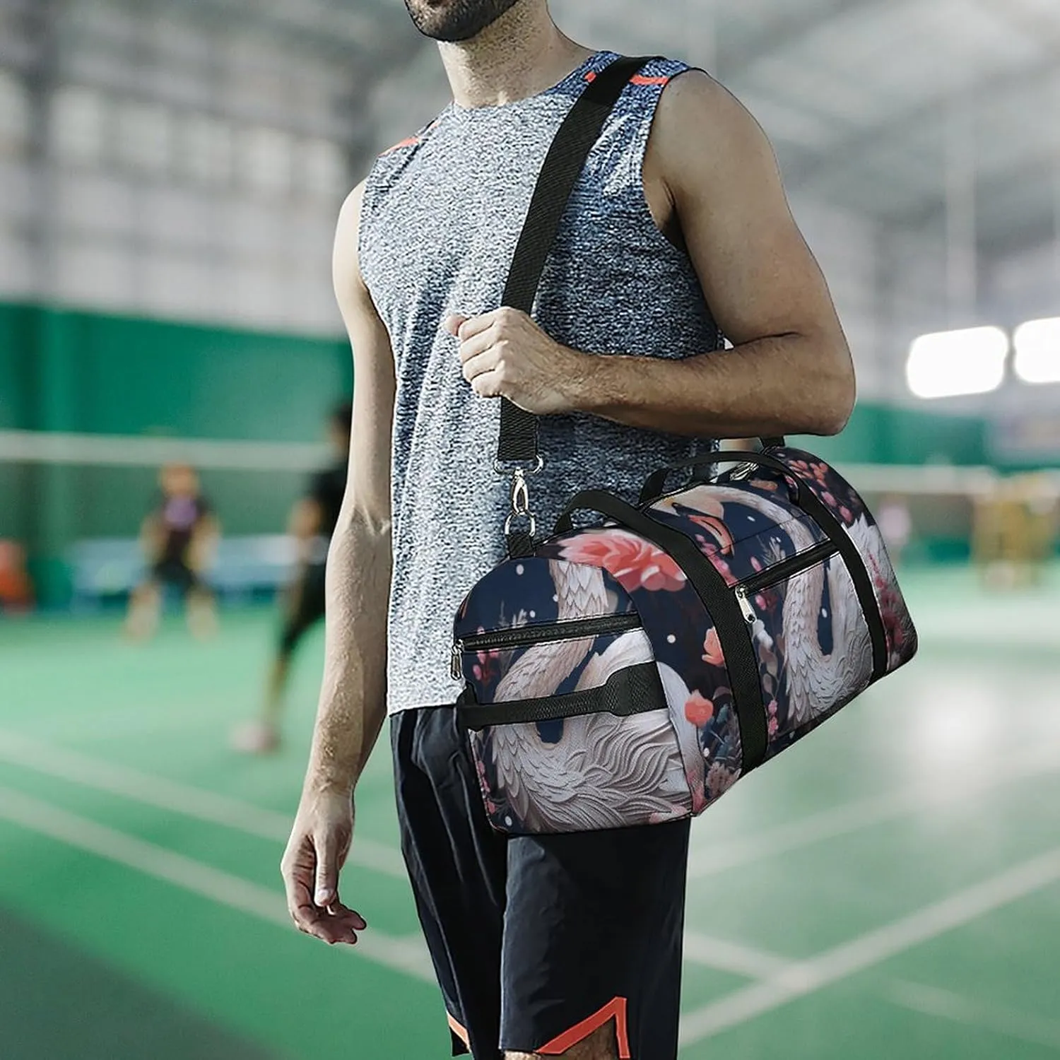 Gym Bag Floral Swan Duffel Bag for Men Women Overnight Bag with Shoe Compartment Workout Bags