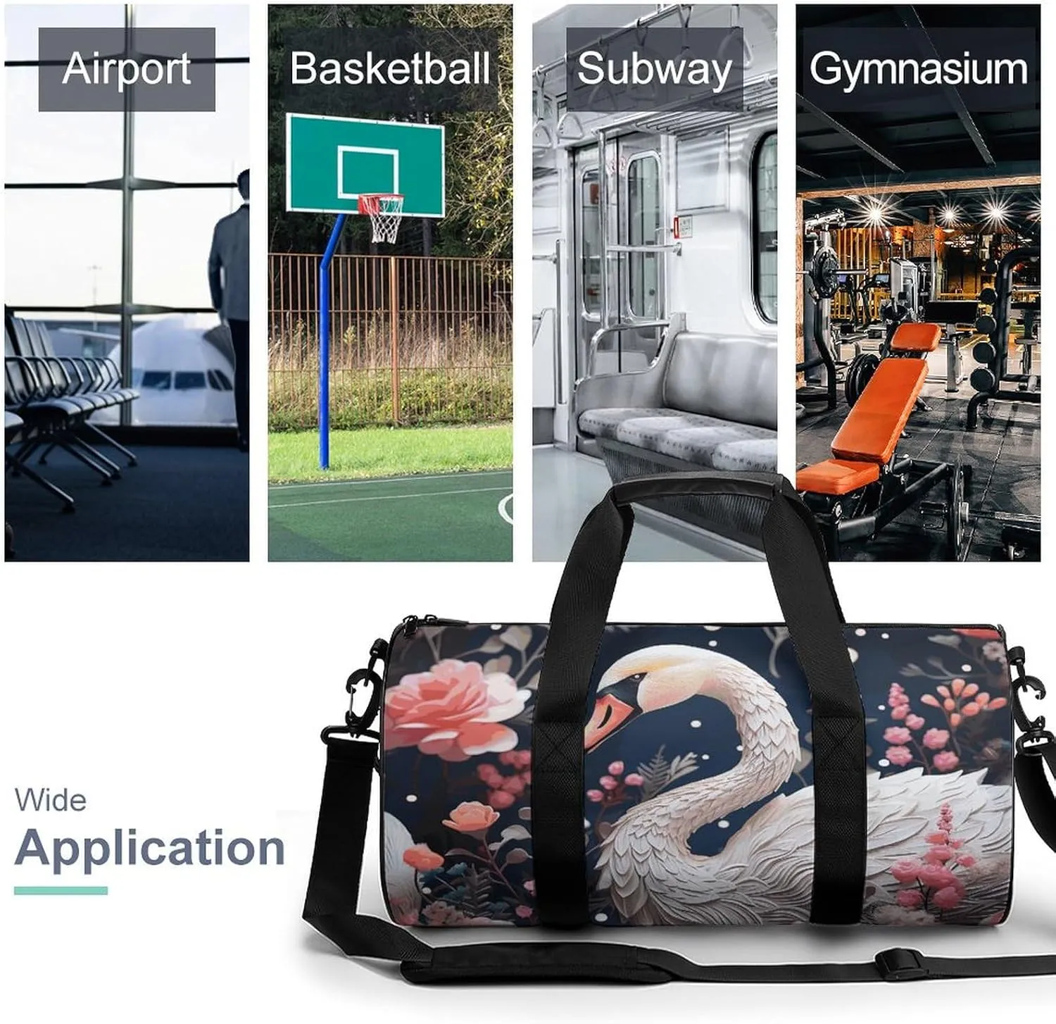 Gym Bag Floral Swan Duffel Bag for Men Women Overnight Bag with Shoe Compartment Workout Bags