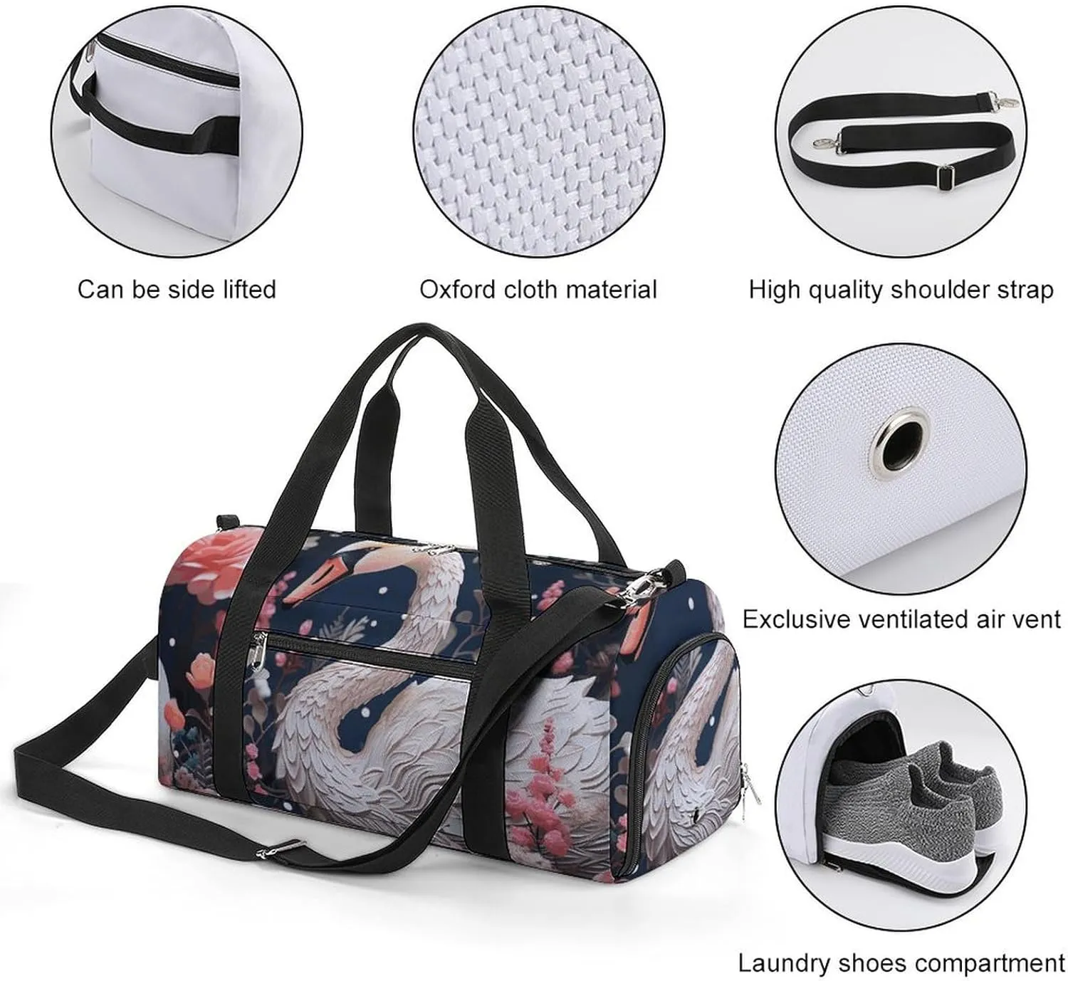 Gym Bag Floral Swan Duffel Bag for Men Women Overnight Bag with Shoe Compartment Workout Bags