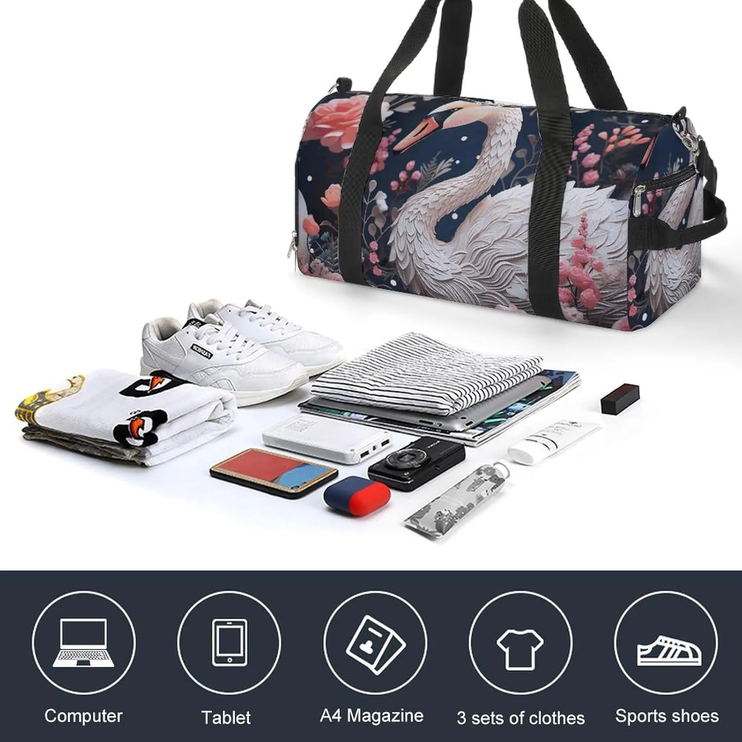 Gym Bag Floral Swan Duffel Bag for Men Women Overnight Bag with Shoe Compartment Workout Bags
