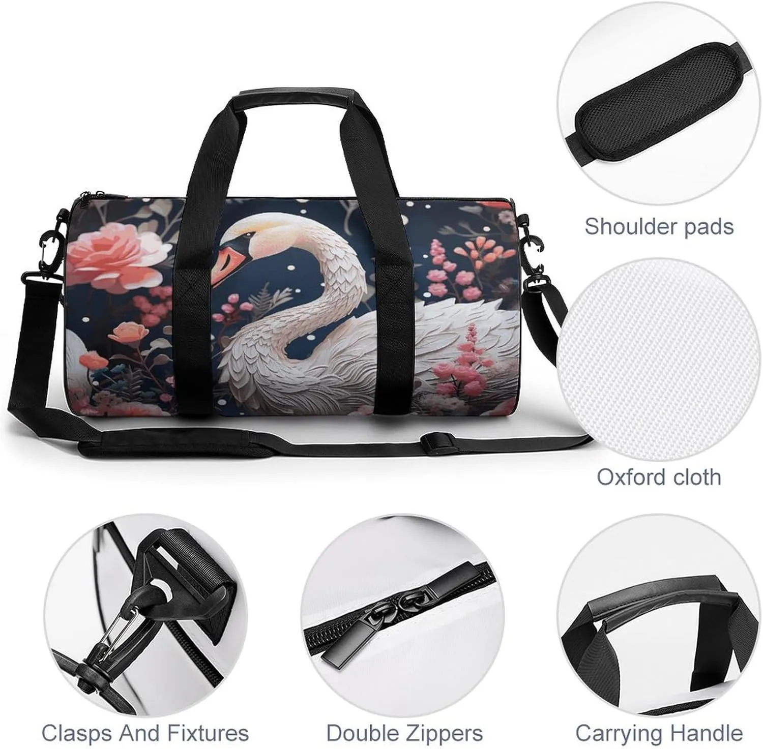 Gym Bag Floral Swan Duffel Bag for Men Women Overnight Bag with Shoe Compartment Workout Bags