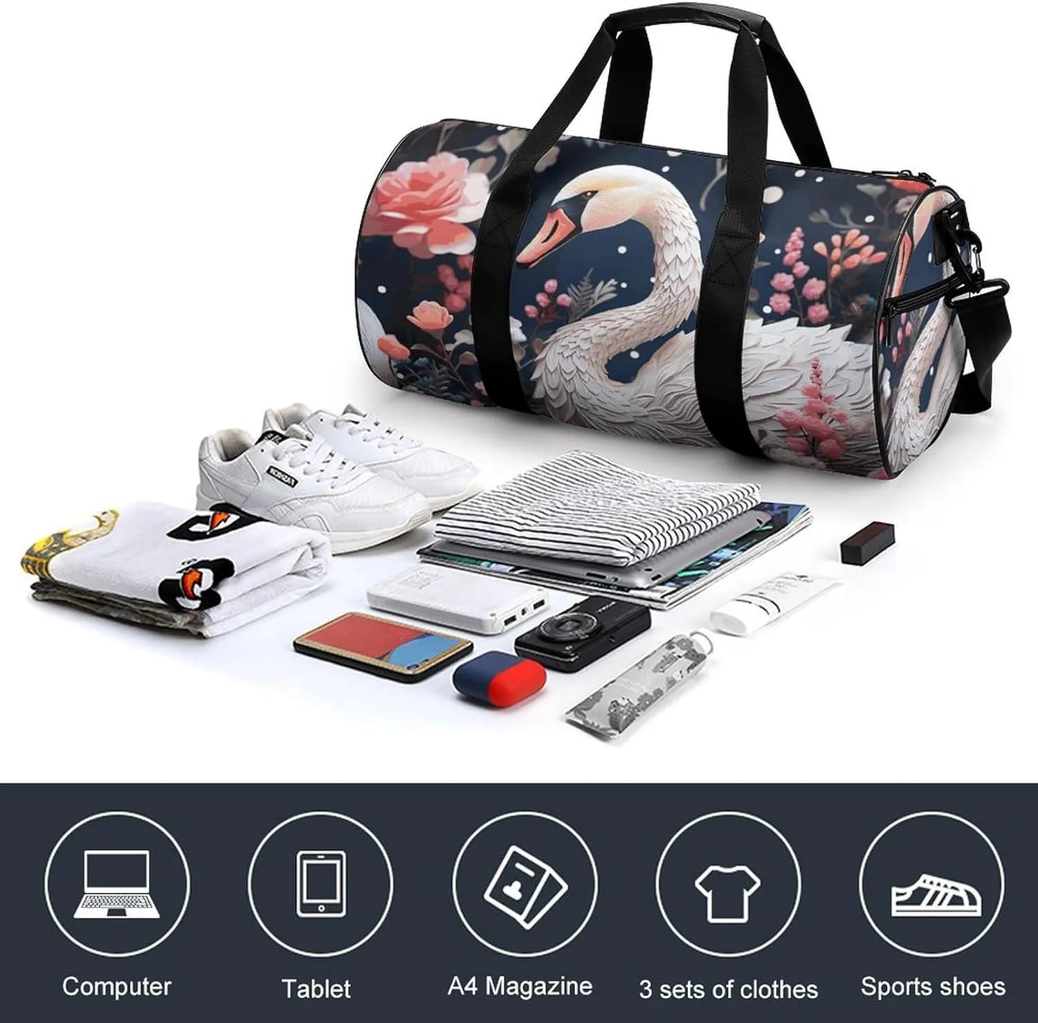 Gym Bag Floral Swan Duffel Bag for Men Women Overnight Bag with Shoe Compartment Workout Bags