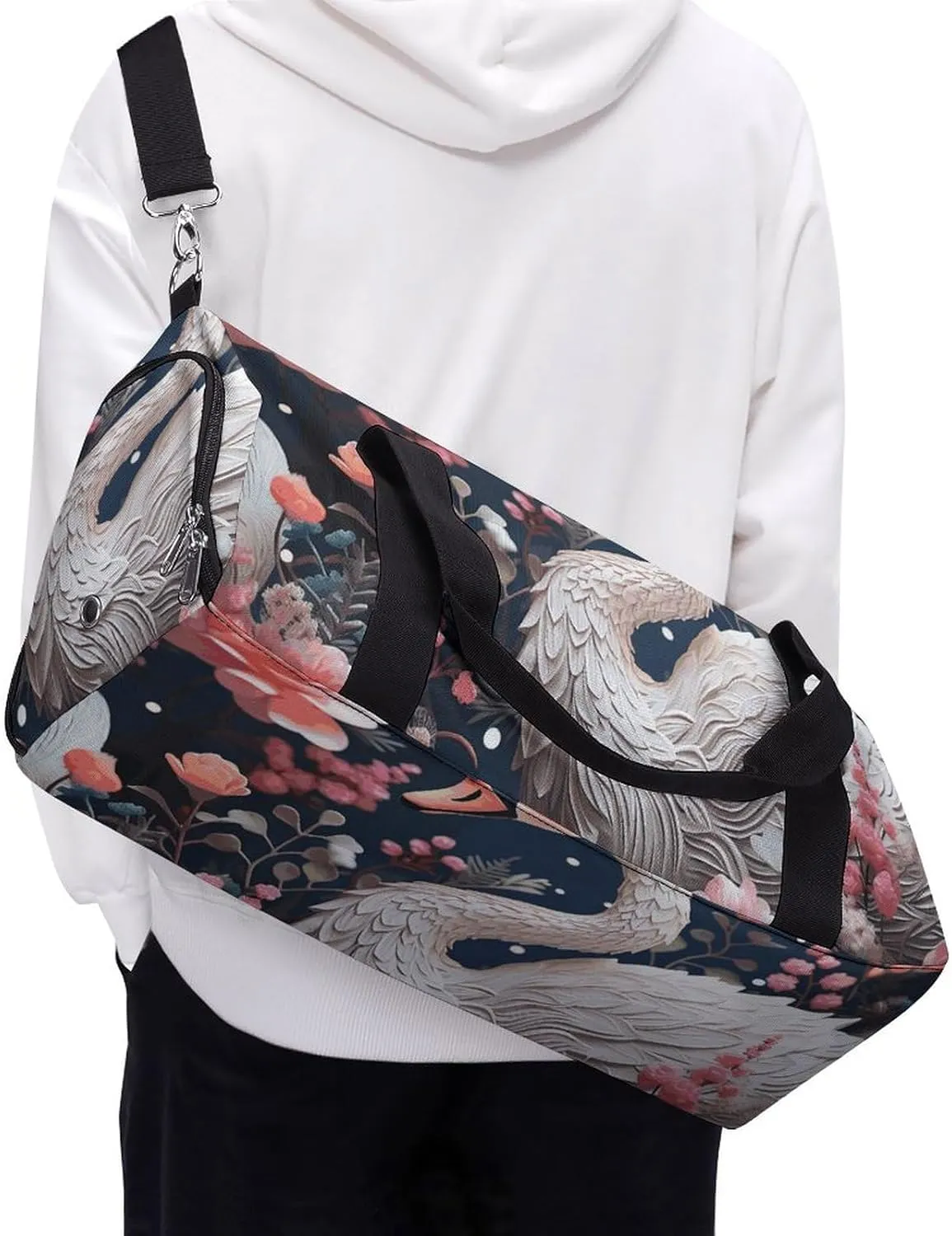 Gym Bag Floral Swan Duffel Bag for Men Women Overnight Bag with Shoe Compartment Workout Bags