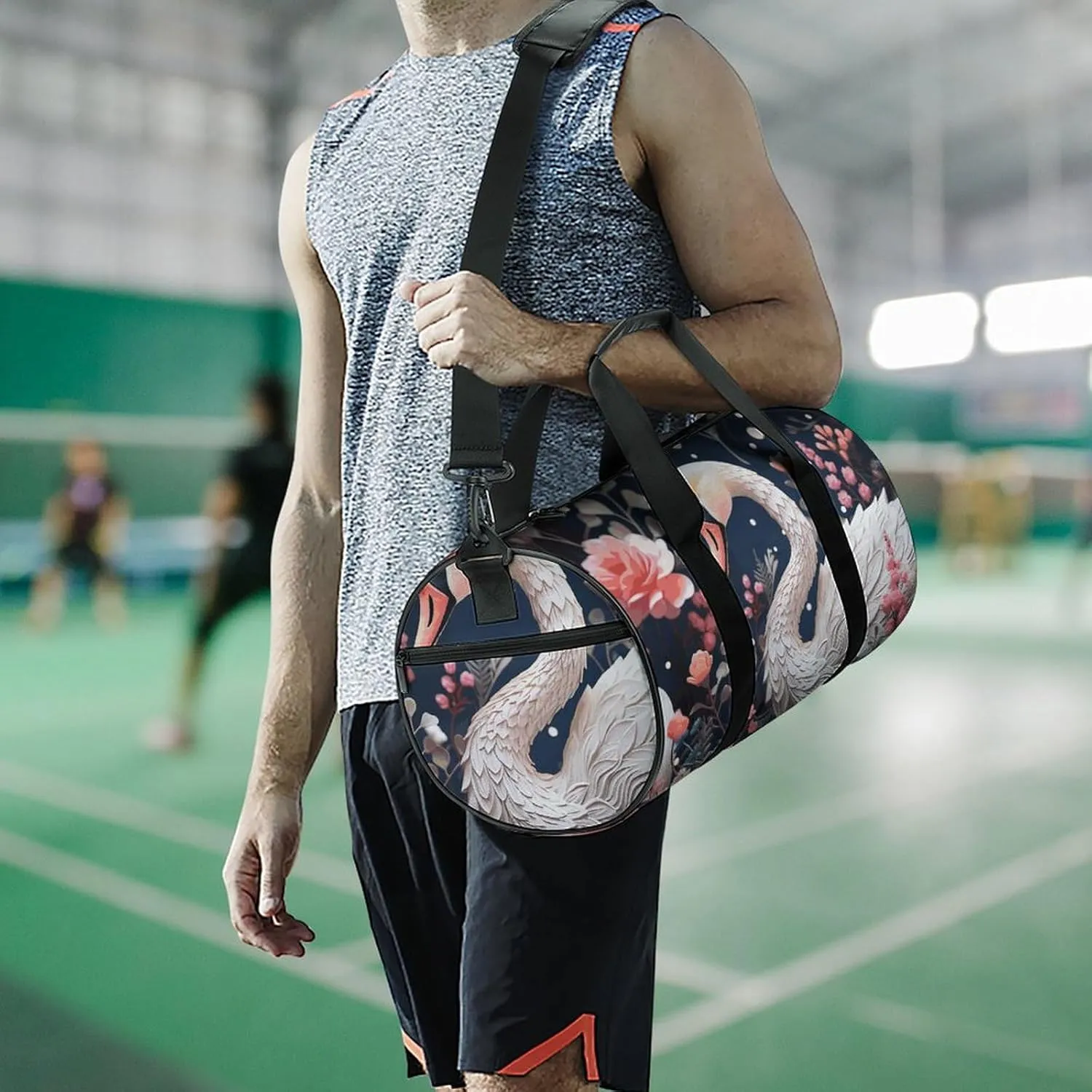 Gym Bag Floral Swan Duffel Bag for Men Women Overnight Bag with Shoe Compartment Workout Bags