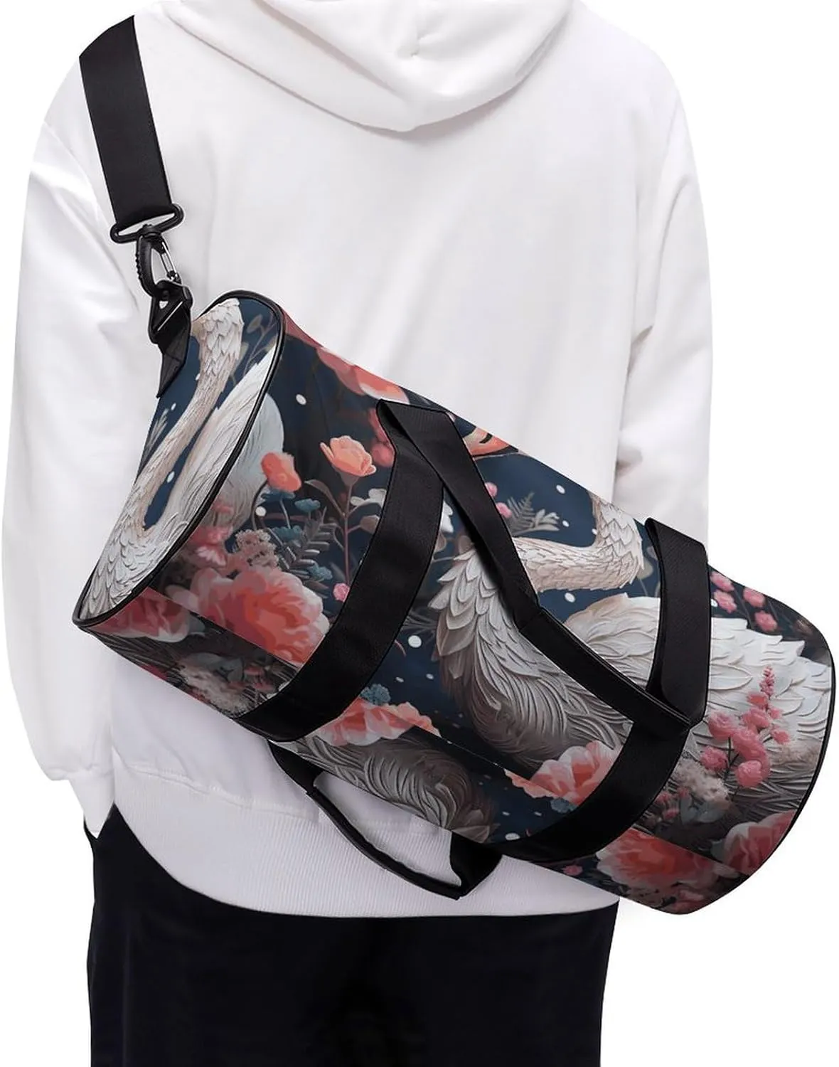 Gym Bag Floral Swan Duffel Bag for Men Women Overnight Bag with Shoe Compartment Workout Bags