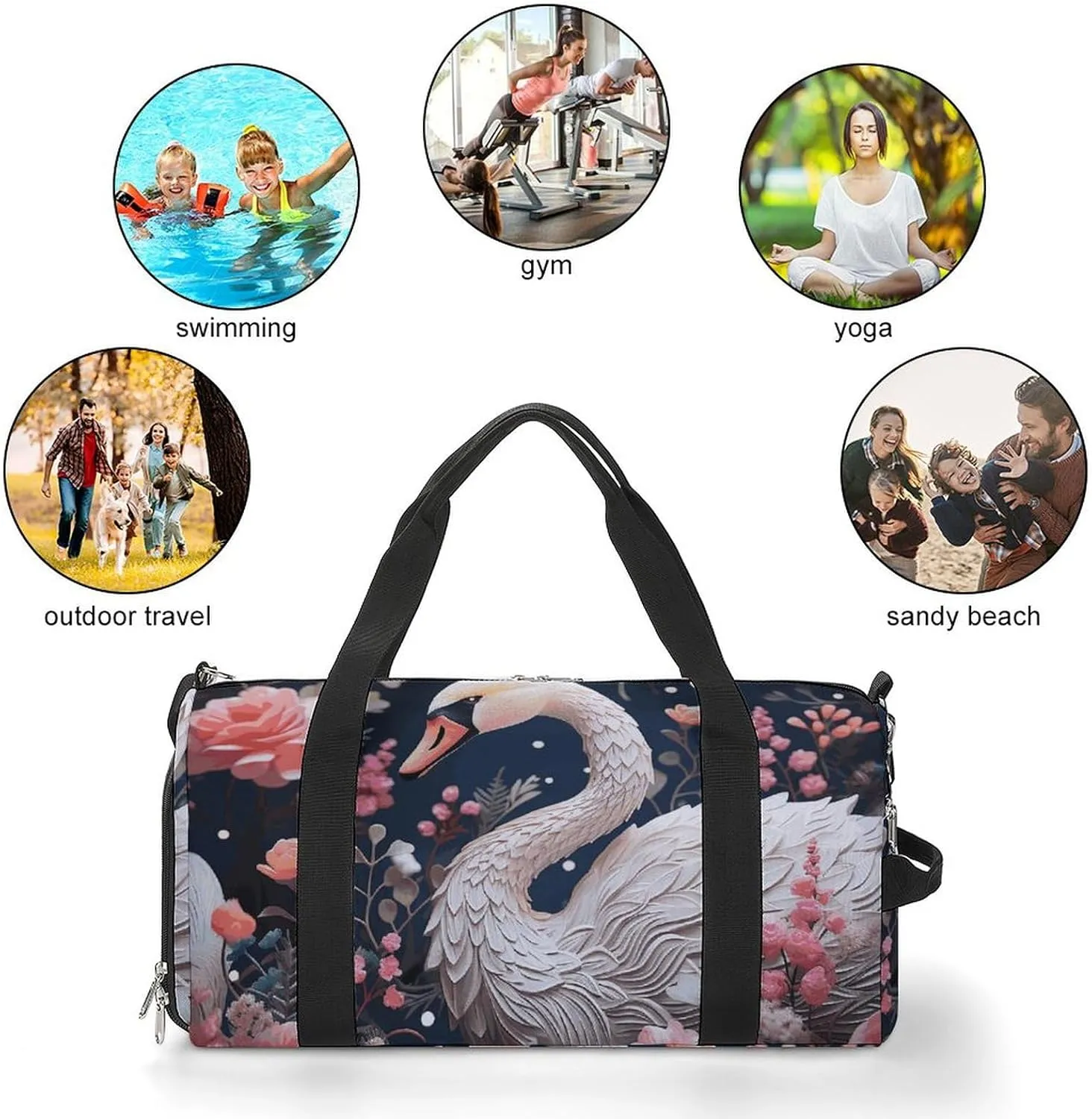 Gym Bag Floral Swan Duffel Bag for Men Women Overnight Bag with Shoe Compartment Workout Bags
