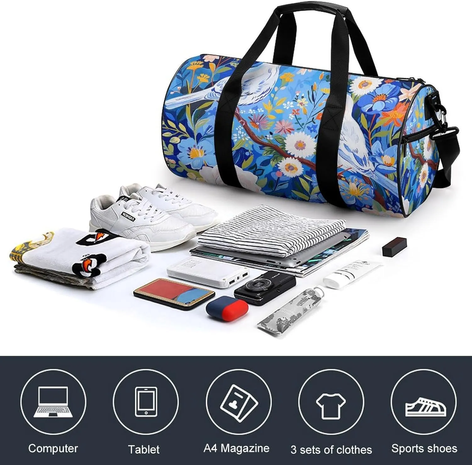 Gym Bag Flowers And White Birds Duffel Bag for Men Women Overnight Bag with Shoe Compartment Workout Bags