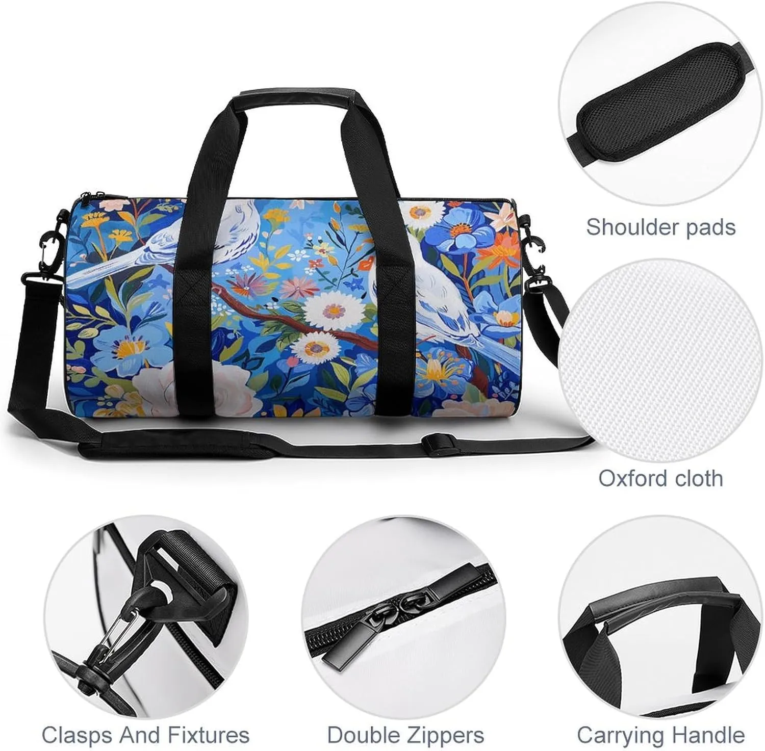 Gym Bag Flowers And White Birds Duffel Bag for Men Women Overnight Bag with Shoe Compartment Workout Bags
