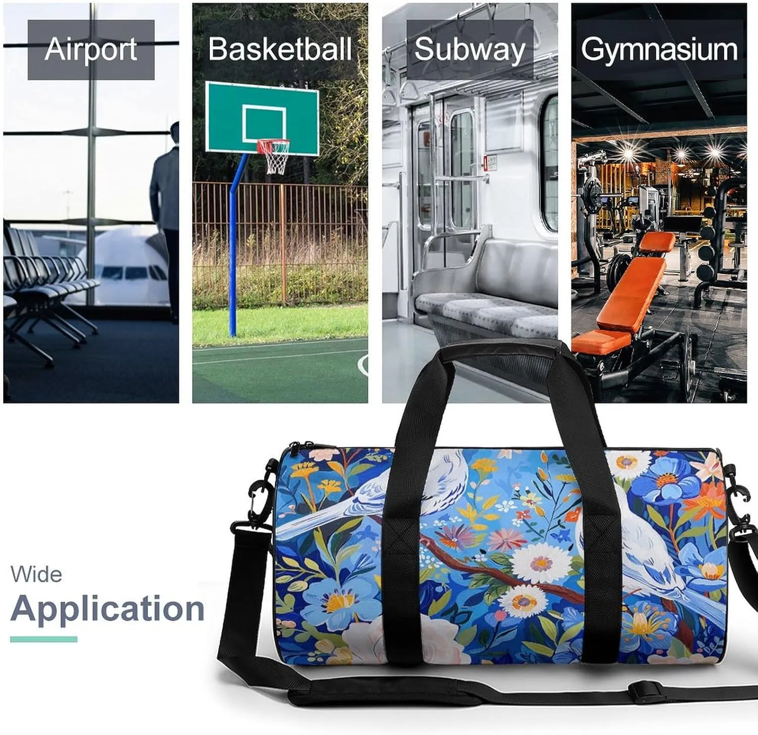 Gym Bag Flowers And White Birds Duffel Bag for Men Women Overnight Bag with Shoe Compartment Workout Bags