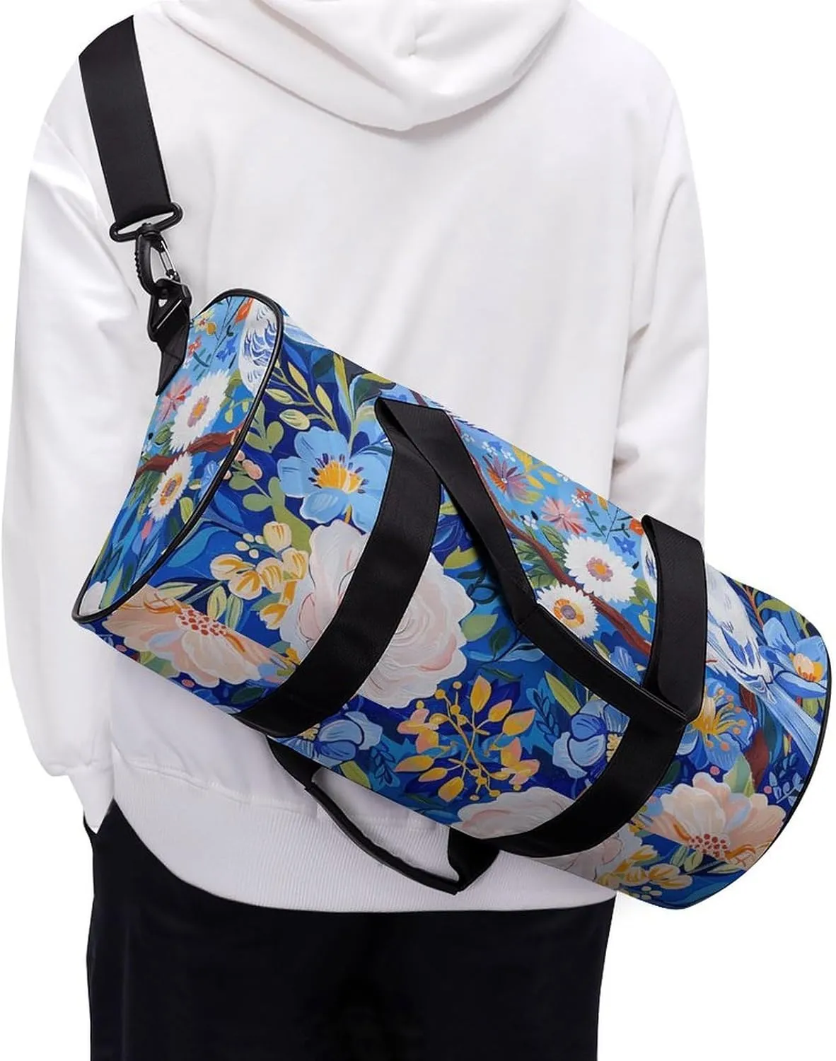 Gym Bag Flowers And White Birds Duffel Bag for Men Women Overnight Bag with Shoe Compartment Workout Bags
