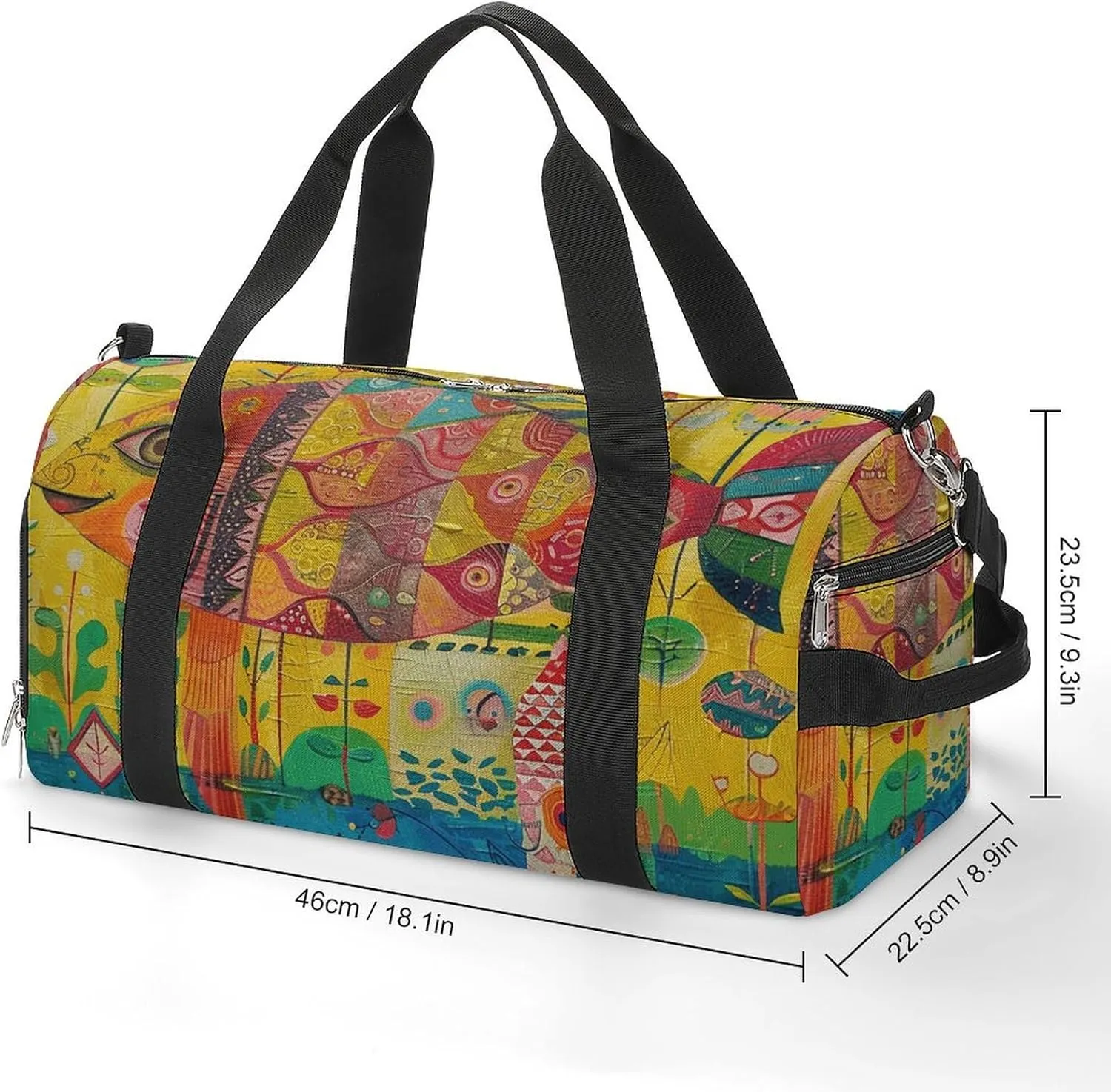 Gym Bag Folk Style Fish Duffel Bag for Men Women Overnight Bag with Shoe Compartment Workout Bags