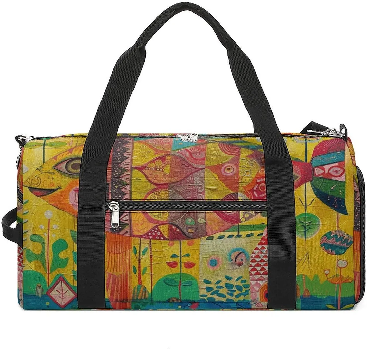 Gym Bag Folk Style Fish Duffel Bag for Men Women Overnight Bag with Shoe Compartment Workout Bags