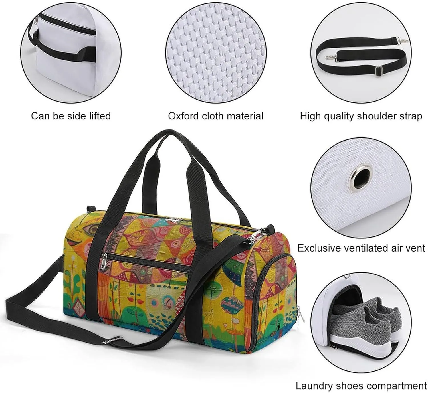 Gym Bag Folk Style Fish Duffel Bag for Men Women Overnight Bag with Shoe Compartment Workout Bags