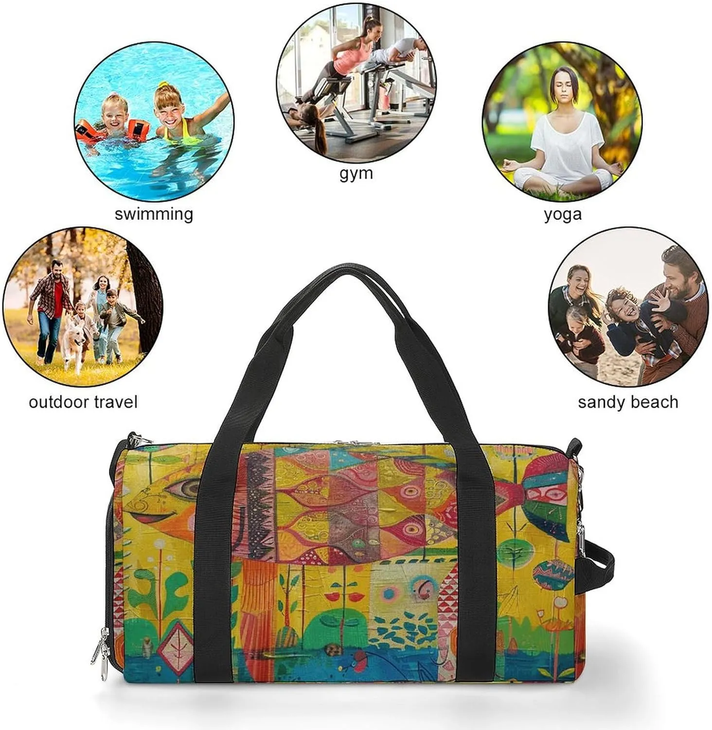 Gym Bag Folk Style Fish Duffel Bag for Men Women Overnight Bag with Shoe Compartment Workout Bags