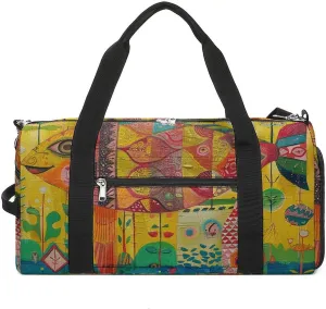 Gym Bag Folk Style Fish Duffel Bag for Men Women Overnight Bag with Shoe Compartment Workout Bags