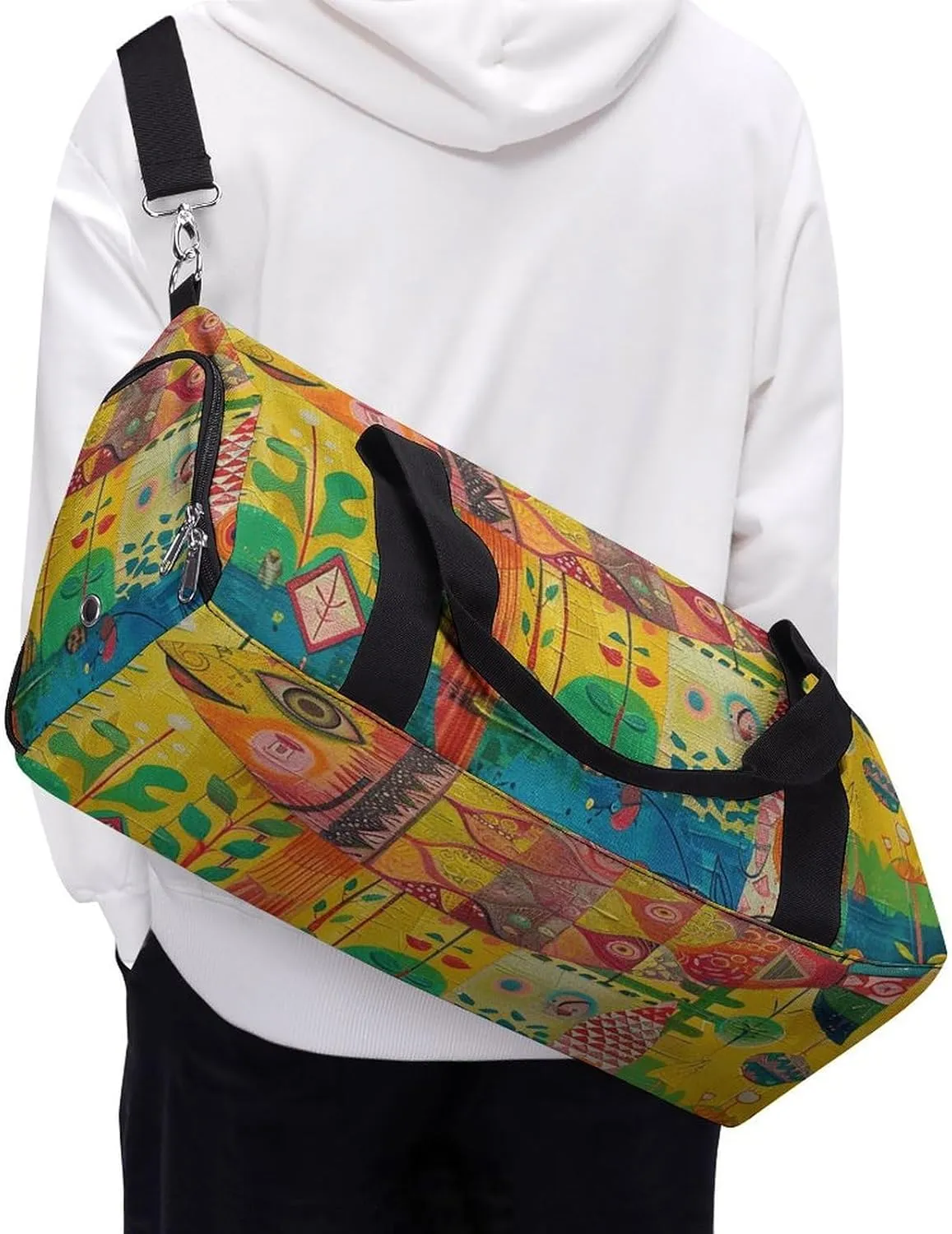 Gym Bag Folk Style Fish Duffel Bag for Men Women Overnight Bag with Shoe Compartment Workout Bags