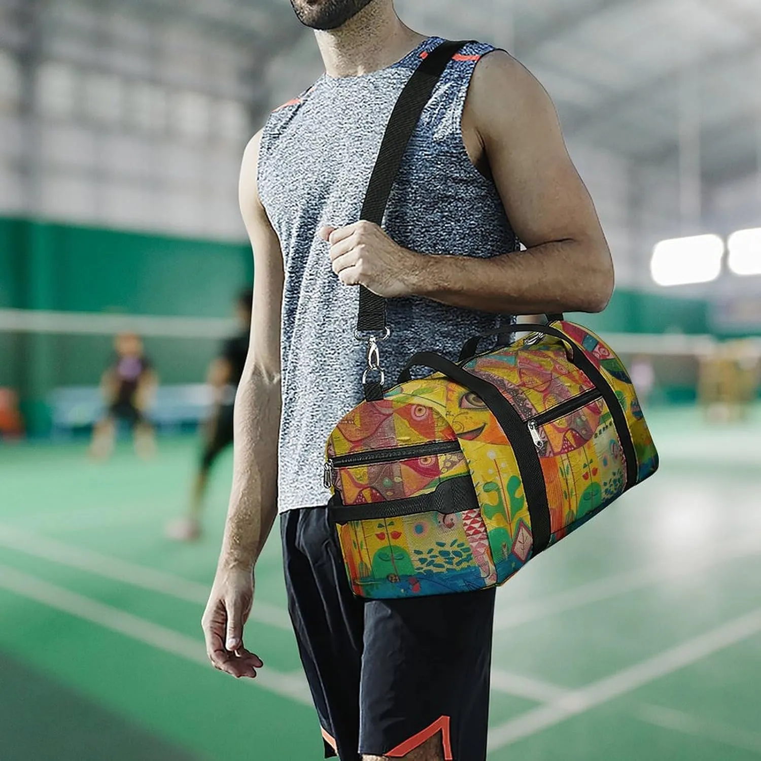 Gym Bag Folk Style Fish Duffel Bag for Men Women Overnight Bag with Shoe Compartment Workout Bags