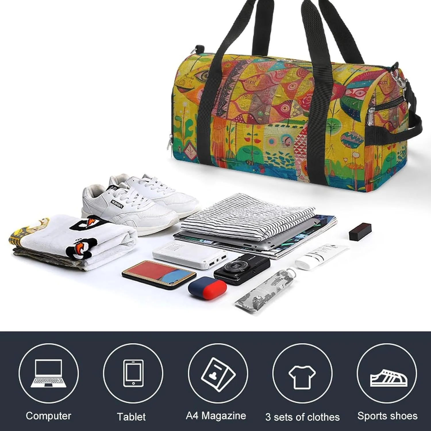 Gym Bag Folk Style Fish Duffel Bag for Men Women Overnight Bag with Shoe Compartment Workout Bags