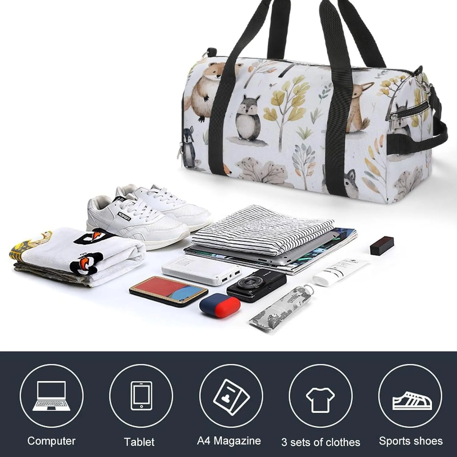 Gym Bag Forest Creatures Duffel Bag for Men Women Overnight Bag with Shoe Compartment Workout Bags
