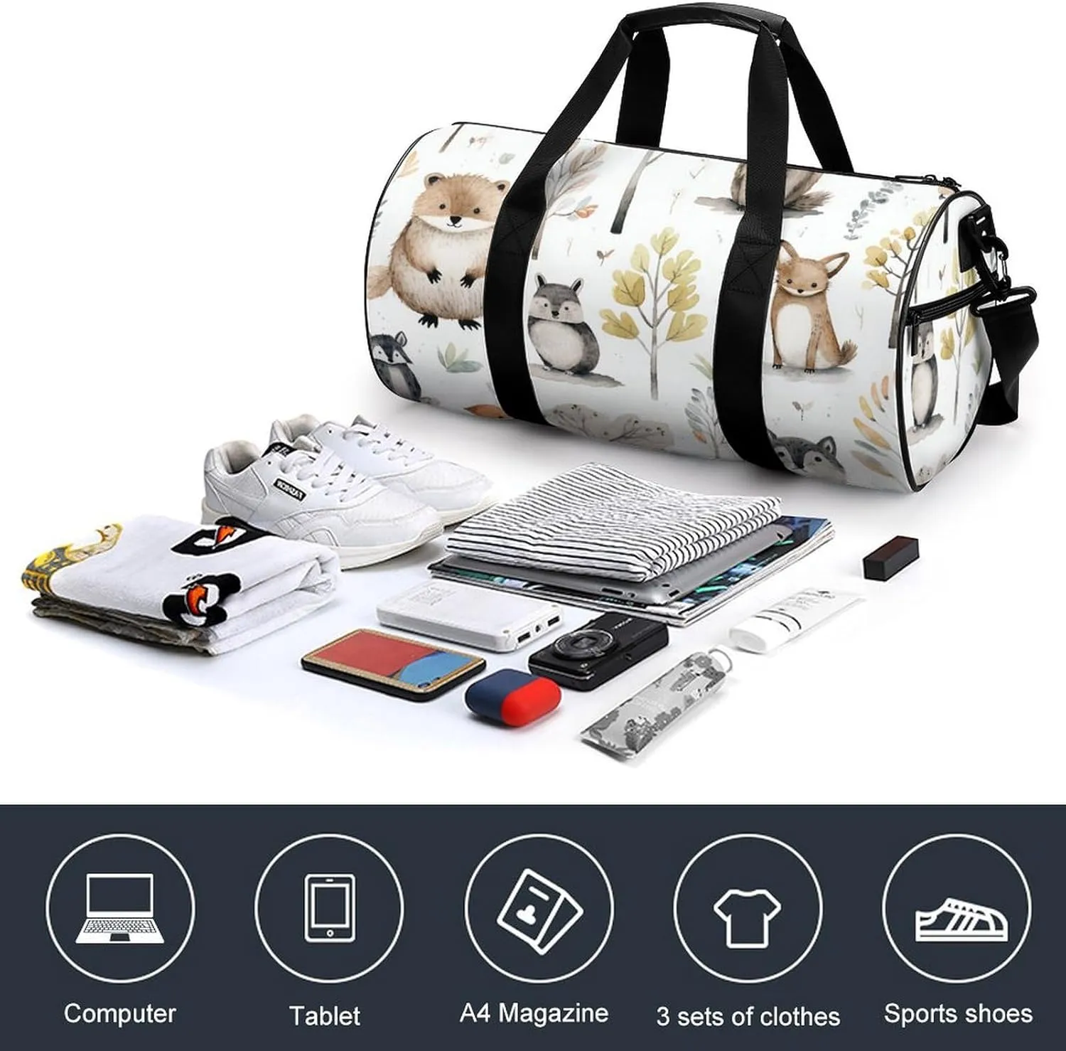 Gym Bag Forest Creatures Duffel Bag for Men Women Overnight Bag with Shoe Compartment Workout Bags