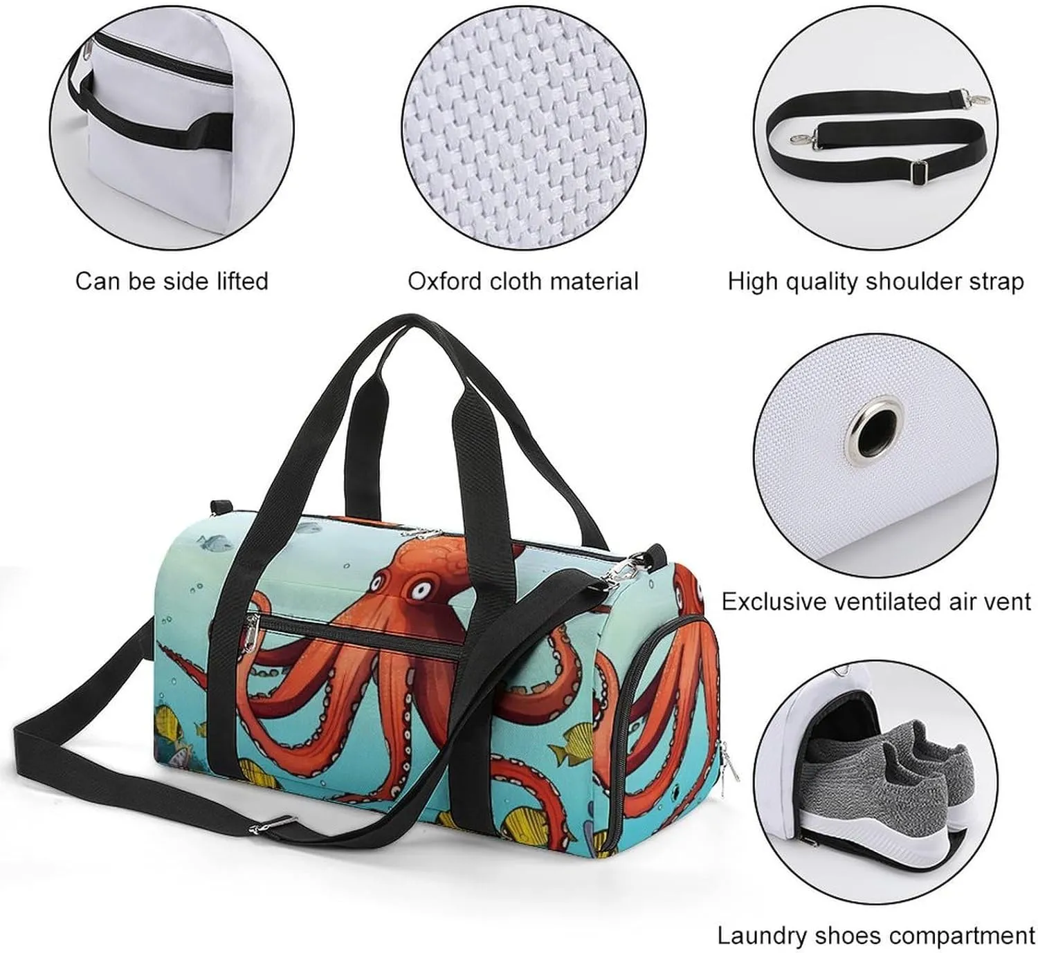 Gym Bag Giant Octopus Duffel Bag for Men Women Overnight Bag with Shoe Compartment Workout Bags