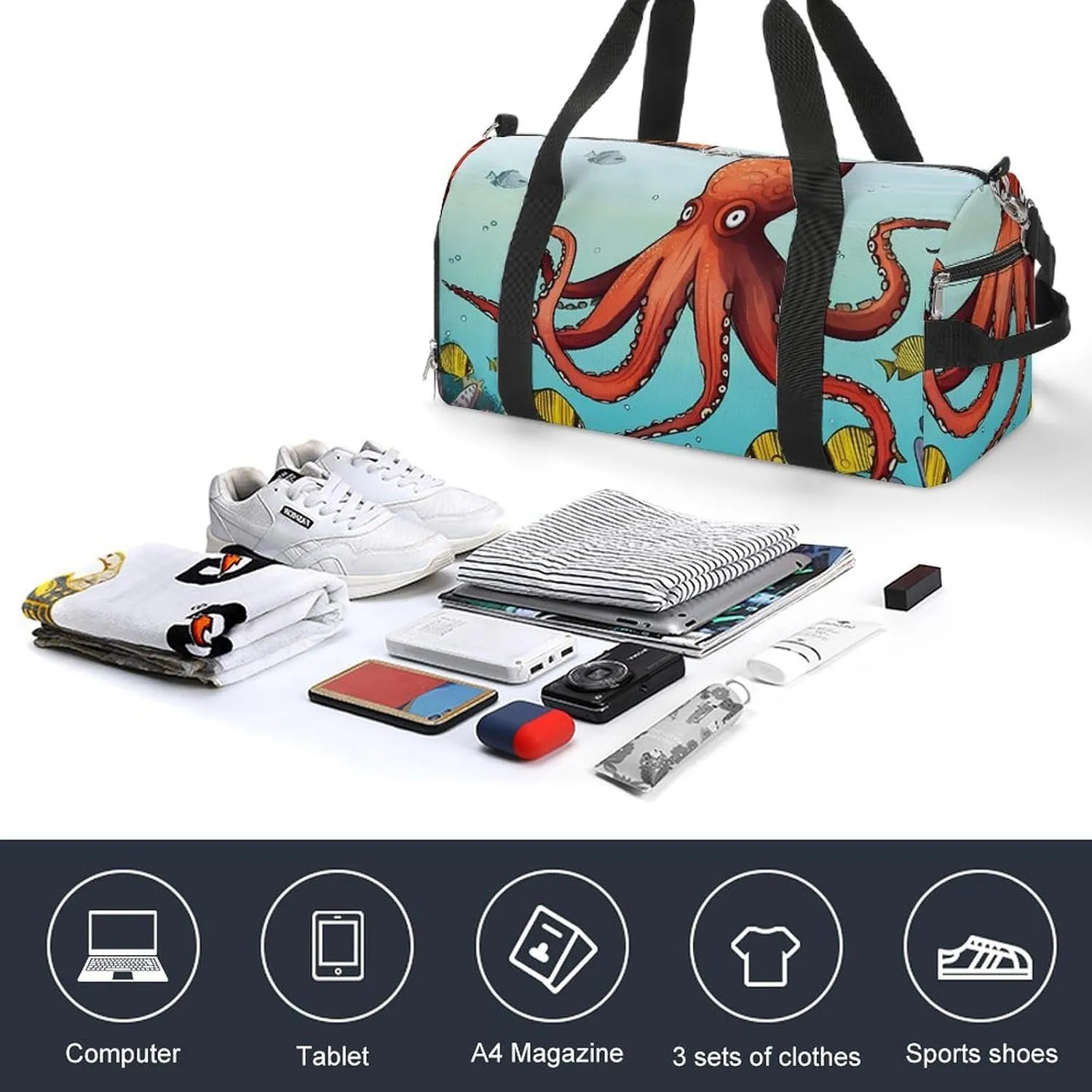 Gym Bag Giant Octopus Duffel Bag for Men Women Overnight Bag with Shoe Compartment Workout Bags
